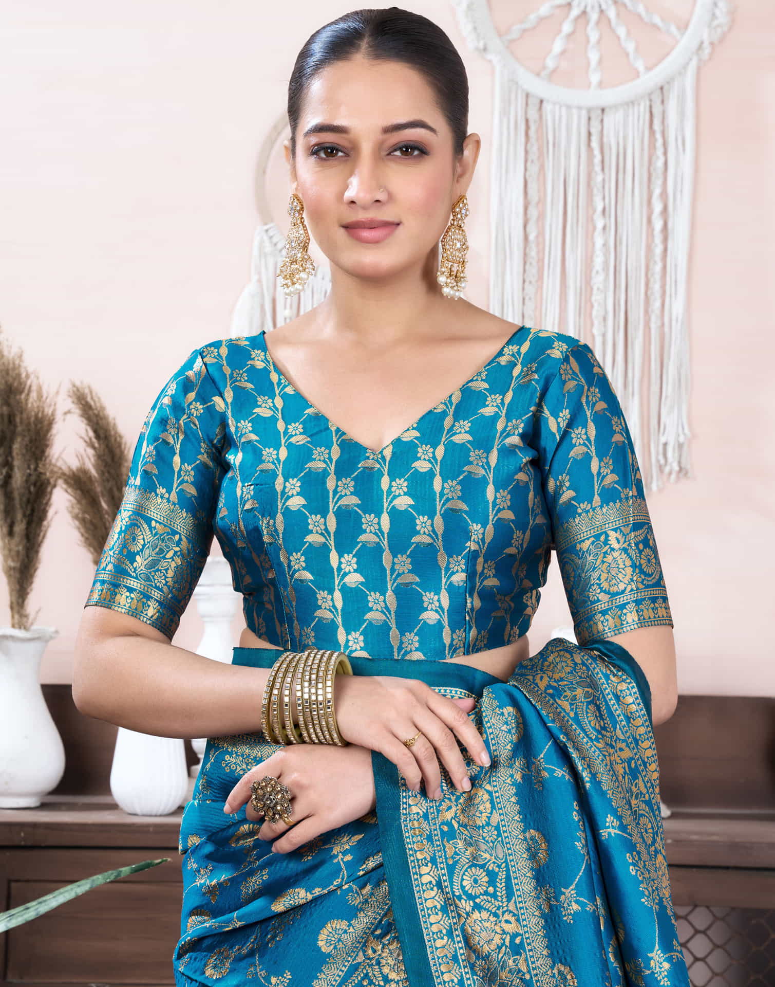 Teal Blue Silk Blend Weaving Banarasi Saree - Image 7