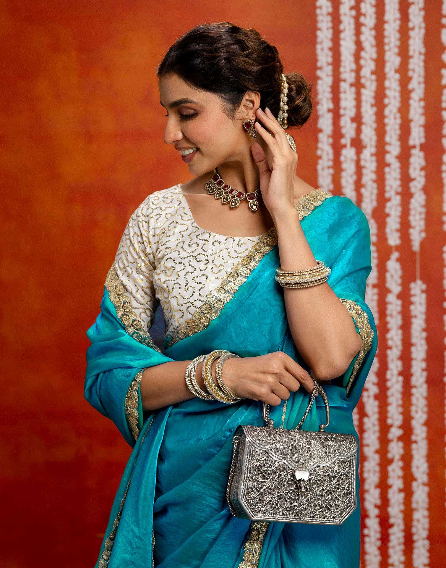 Teal Blue Silk Embroidery lace Saree - Image 4