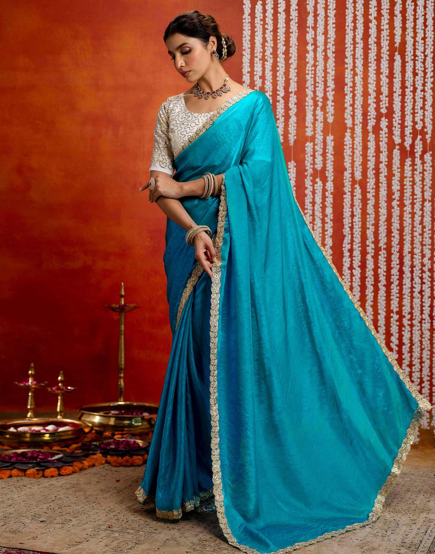Teal Blue Silk Embroidery lace Saree - Image 5