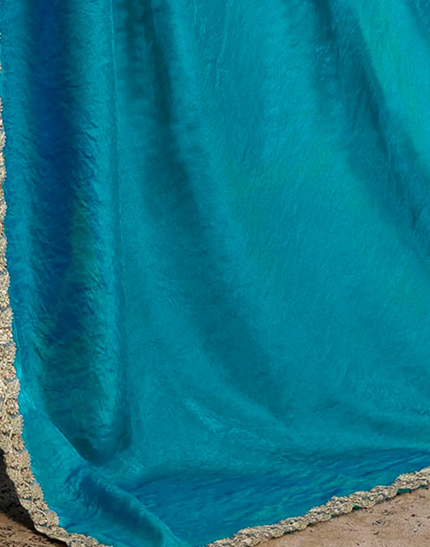 Teal Blue Silk Embroidery lace Saree - Image 9