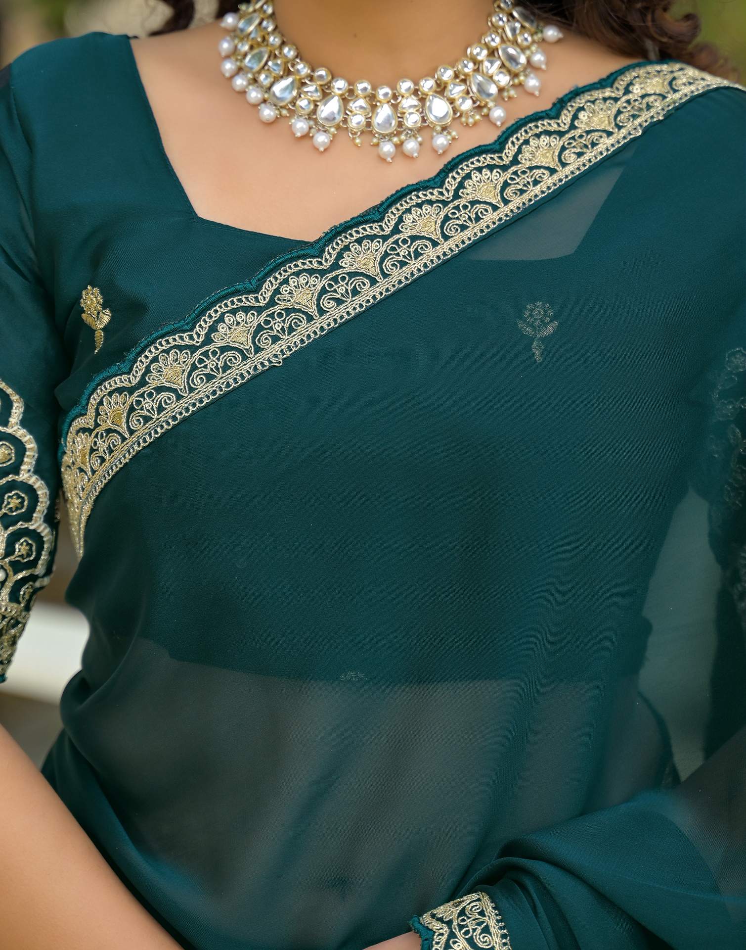 Teal Blue Silk Embroidery Lace Saree - Image 10