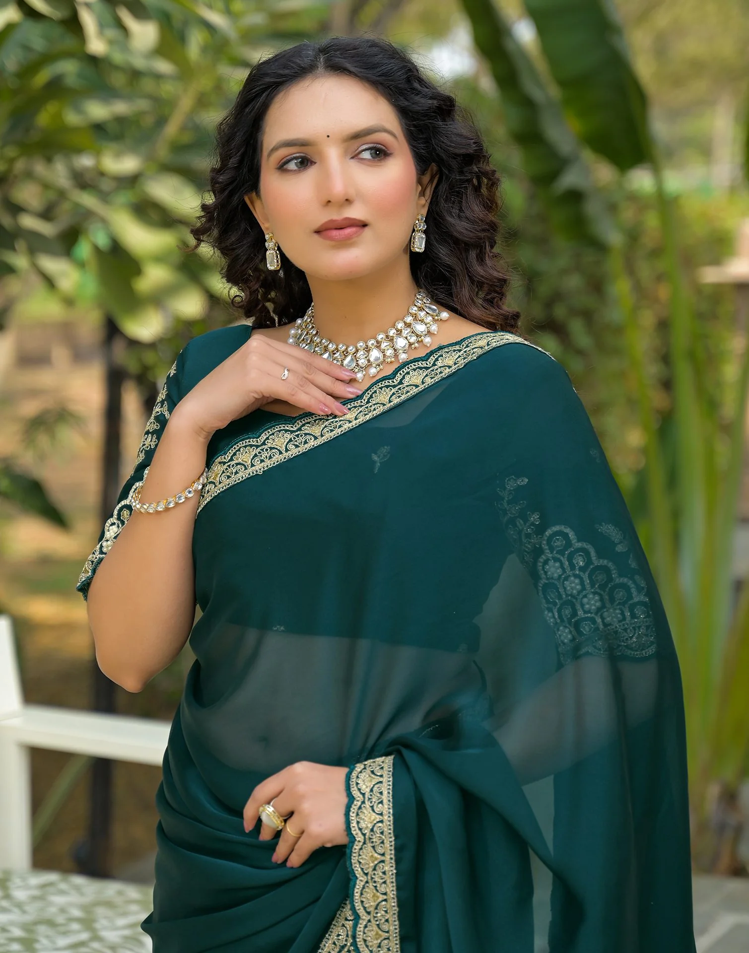 Teal Blue Silk Embroidery Lace Saree - Image 2