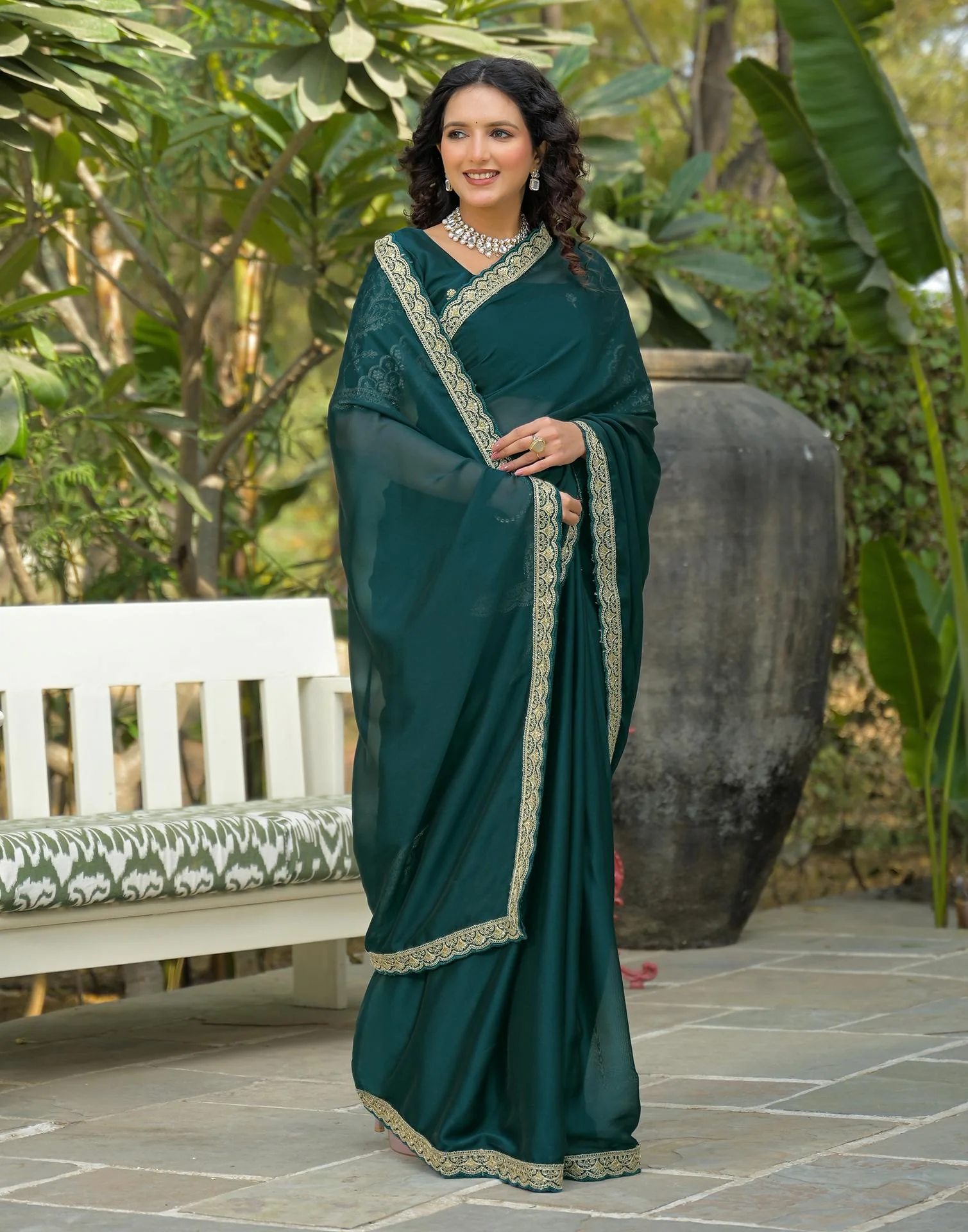 Teal Blue Silk Embroidery Lace Saree - Image 5