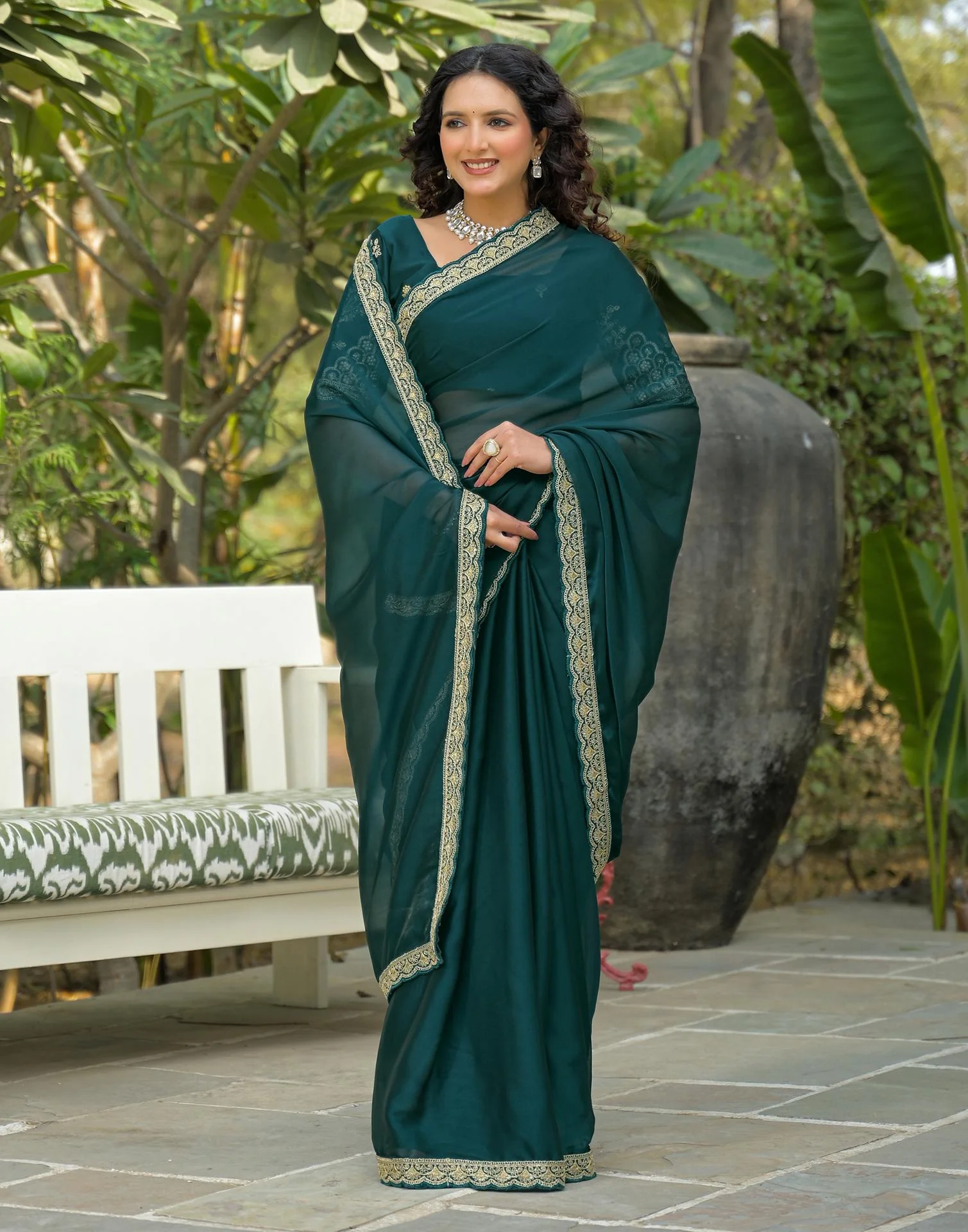 Teal Blue Silk Embroidery Lace Saree - Image 7
