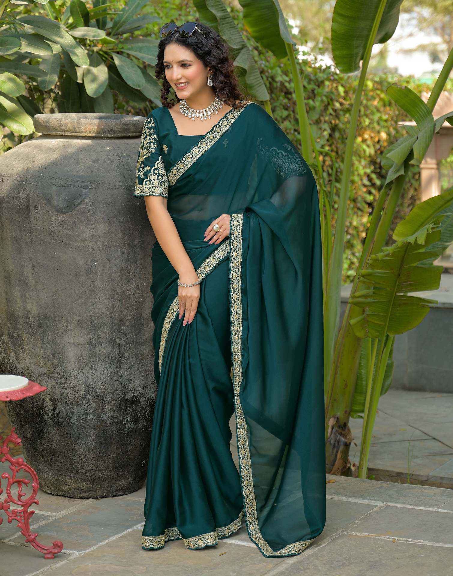 Teal Blue Silk Embroidery Lace Saree - Image 8
