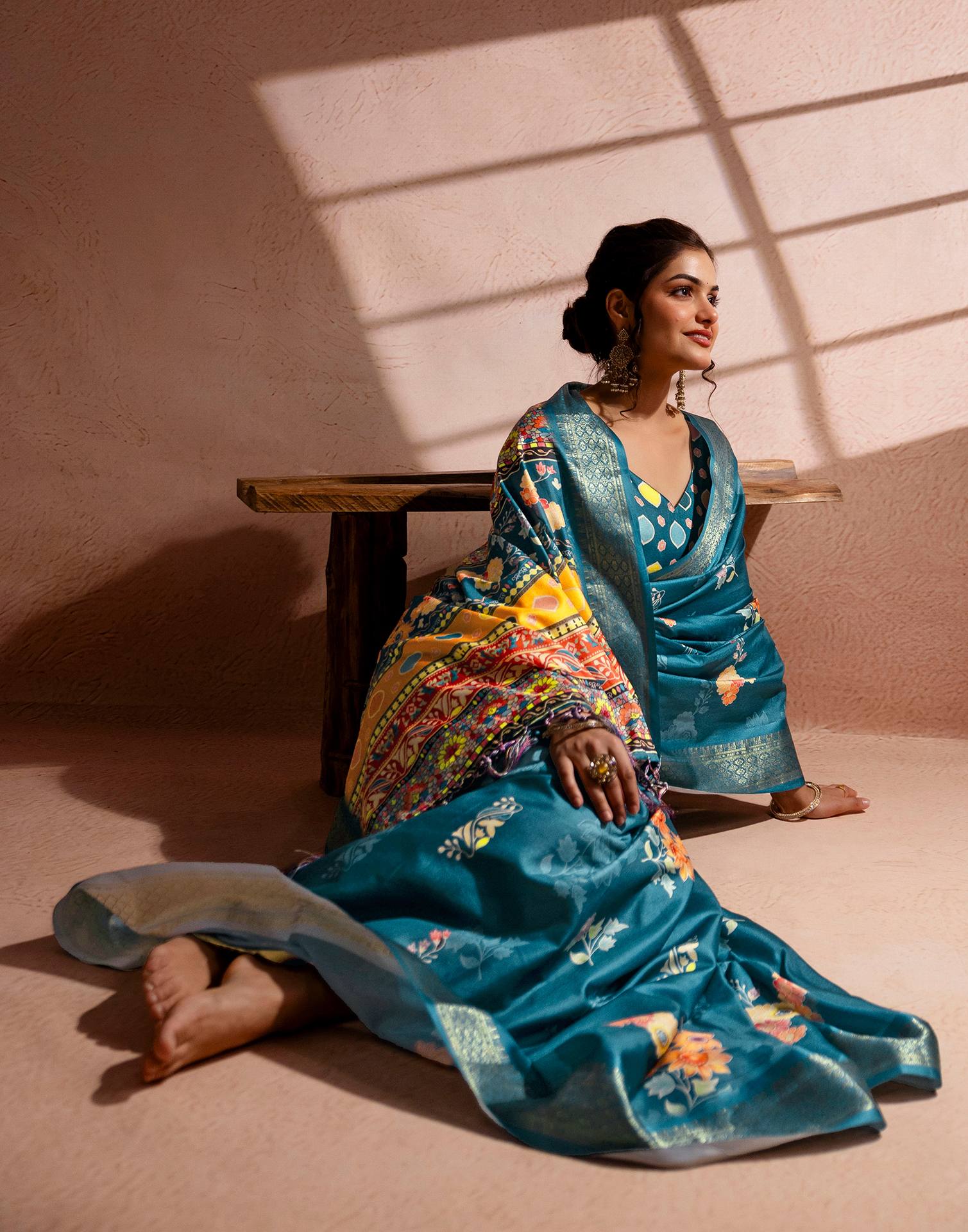 Teal Blue Silk Floral Printed Woven Border Saree - Image 10