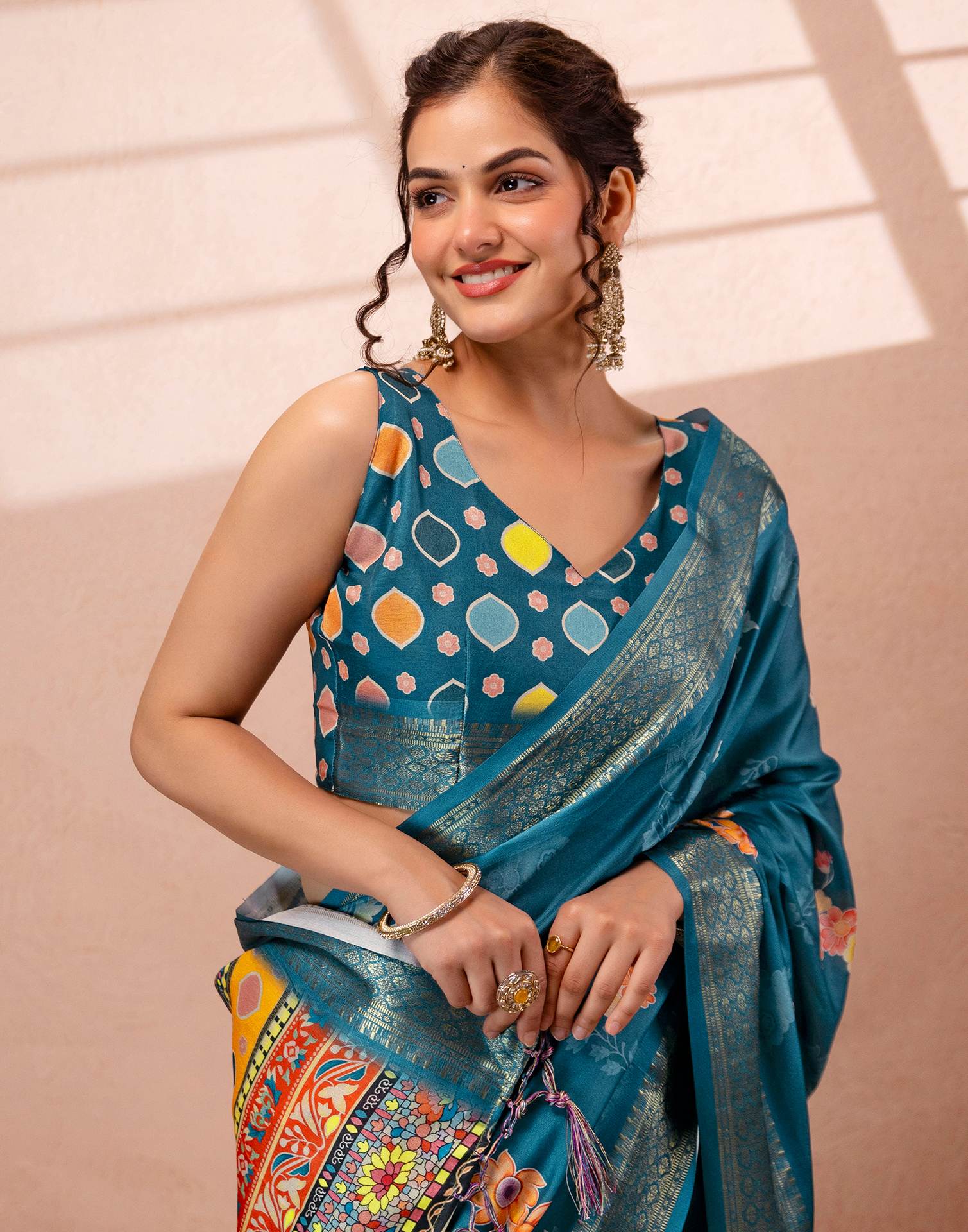Teal Blue Silk Floral Printed Woven Border Saree - Image 2
