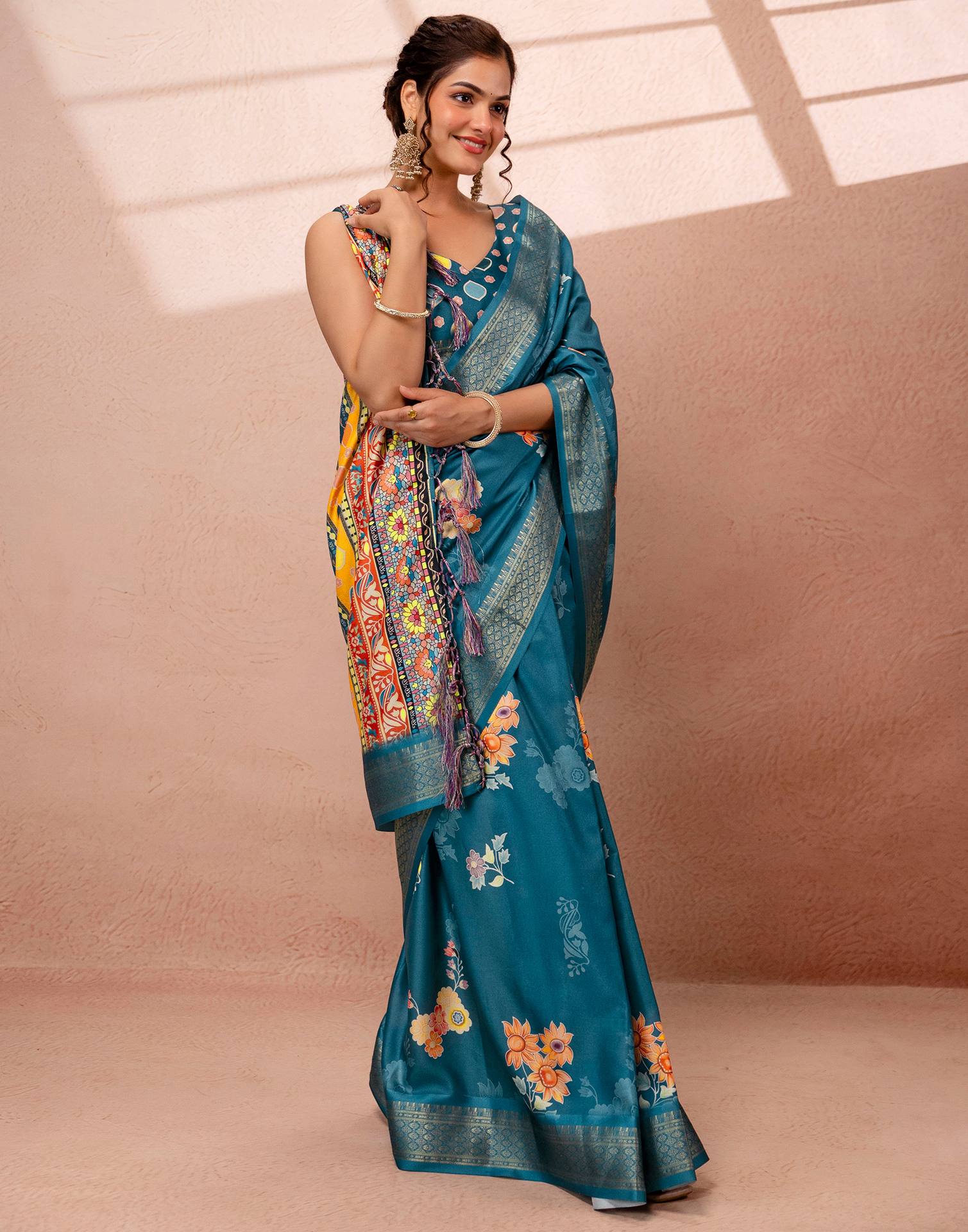 Teal Blue Silk Floral Printed Woven Border Saree - Image 6