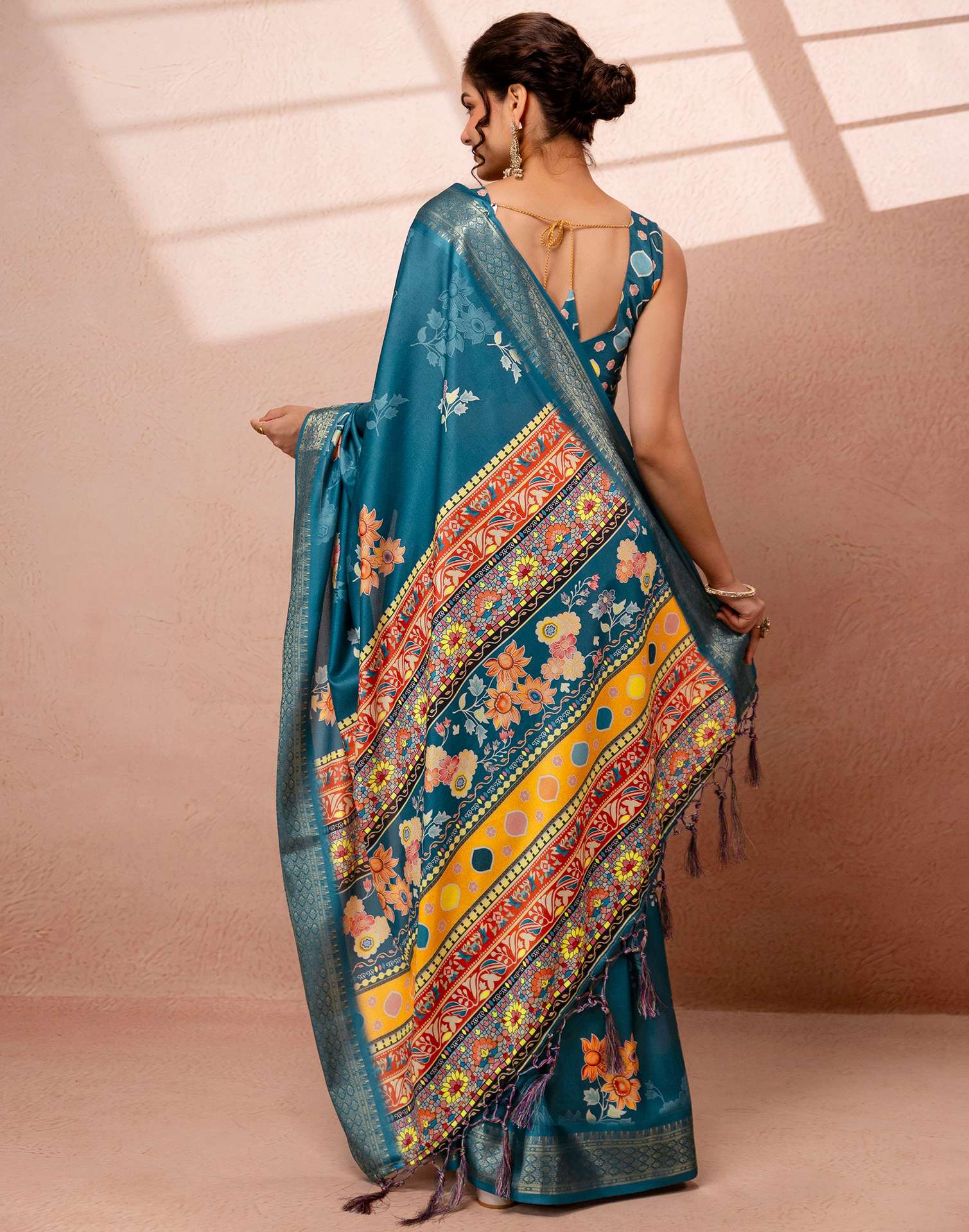 Teal Blue Silk Floral Printed Woven Border Saree - Image 7