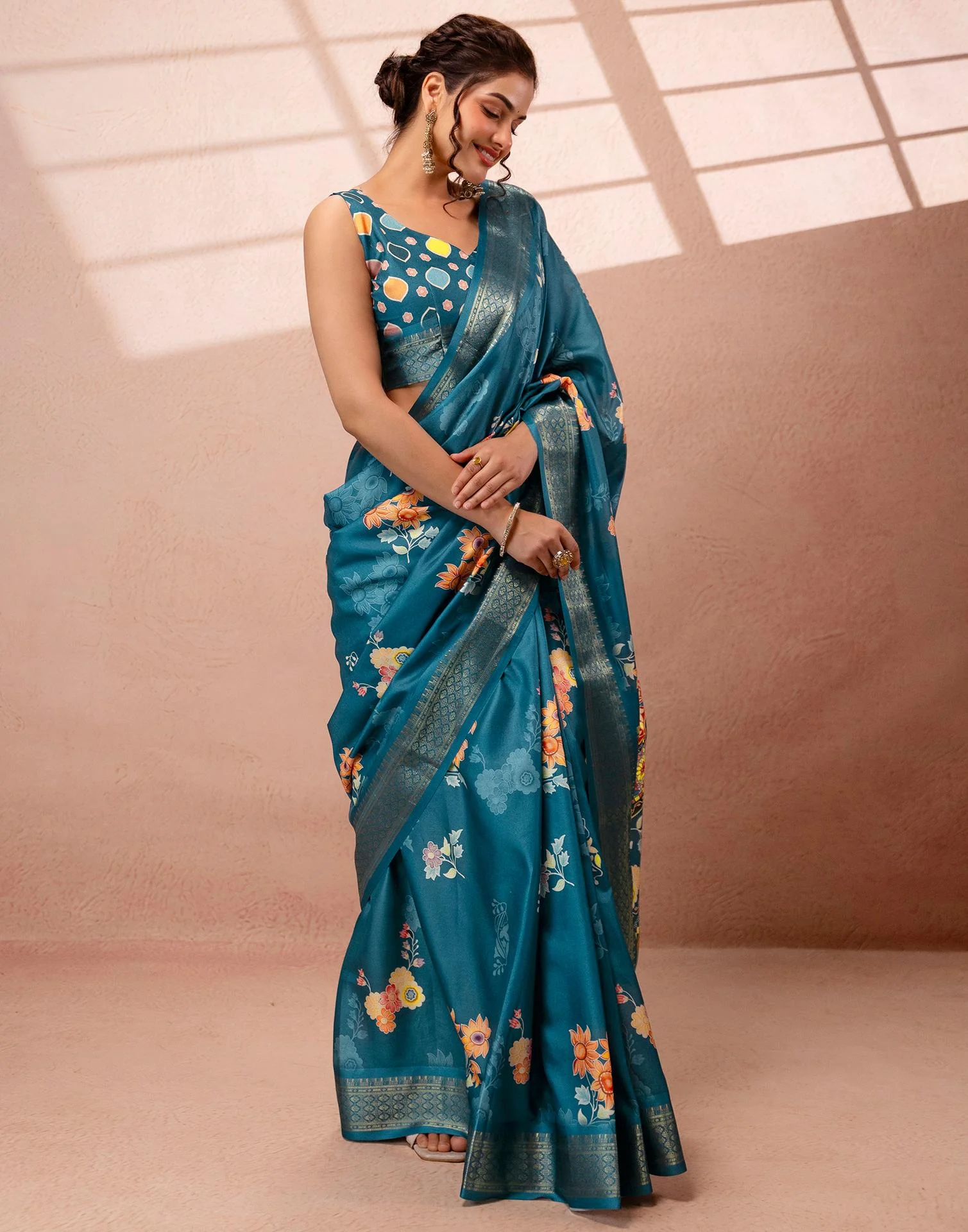 Teal Blue Silk Floral Printed Woven Border Saree - Image 8