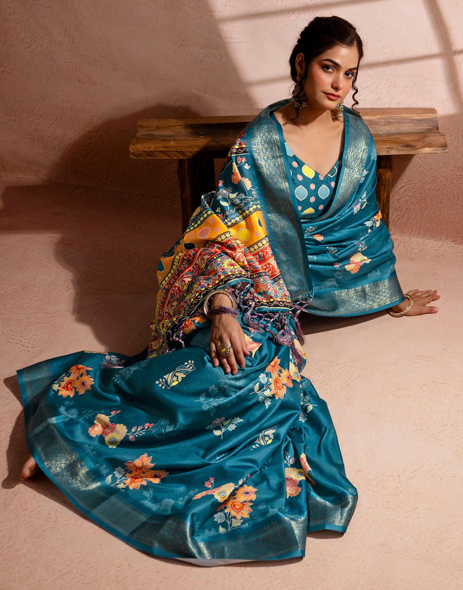 Teal Blue Silk Floral Printed Woven Border Saree - Image 9