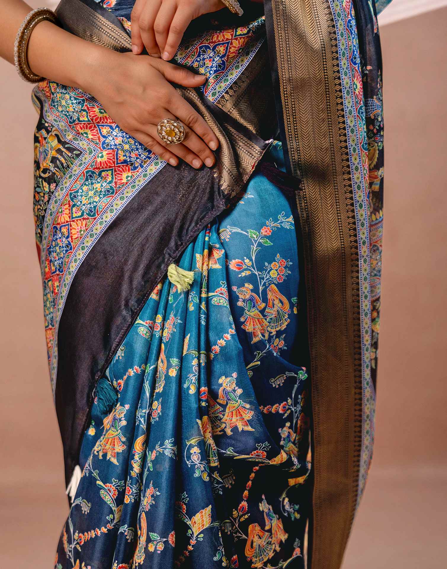Teal Blue Silk Kalamkari Woven Border Saree - Image 11