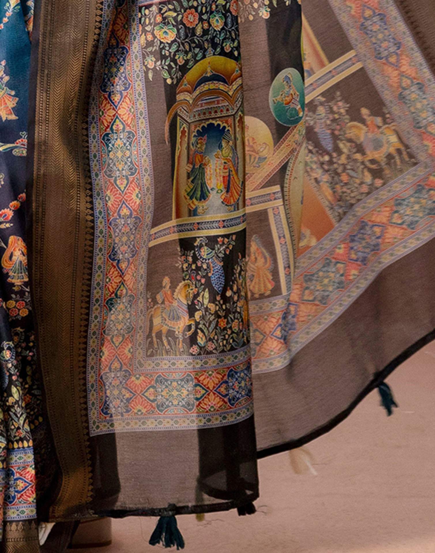 Teal Blue Silk Kalamkari Woven Border Saree - Image 12