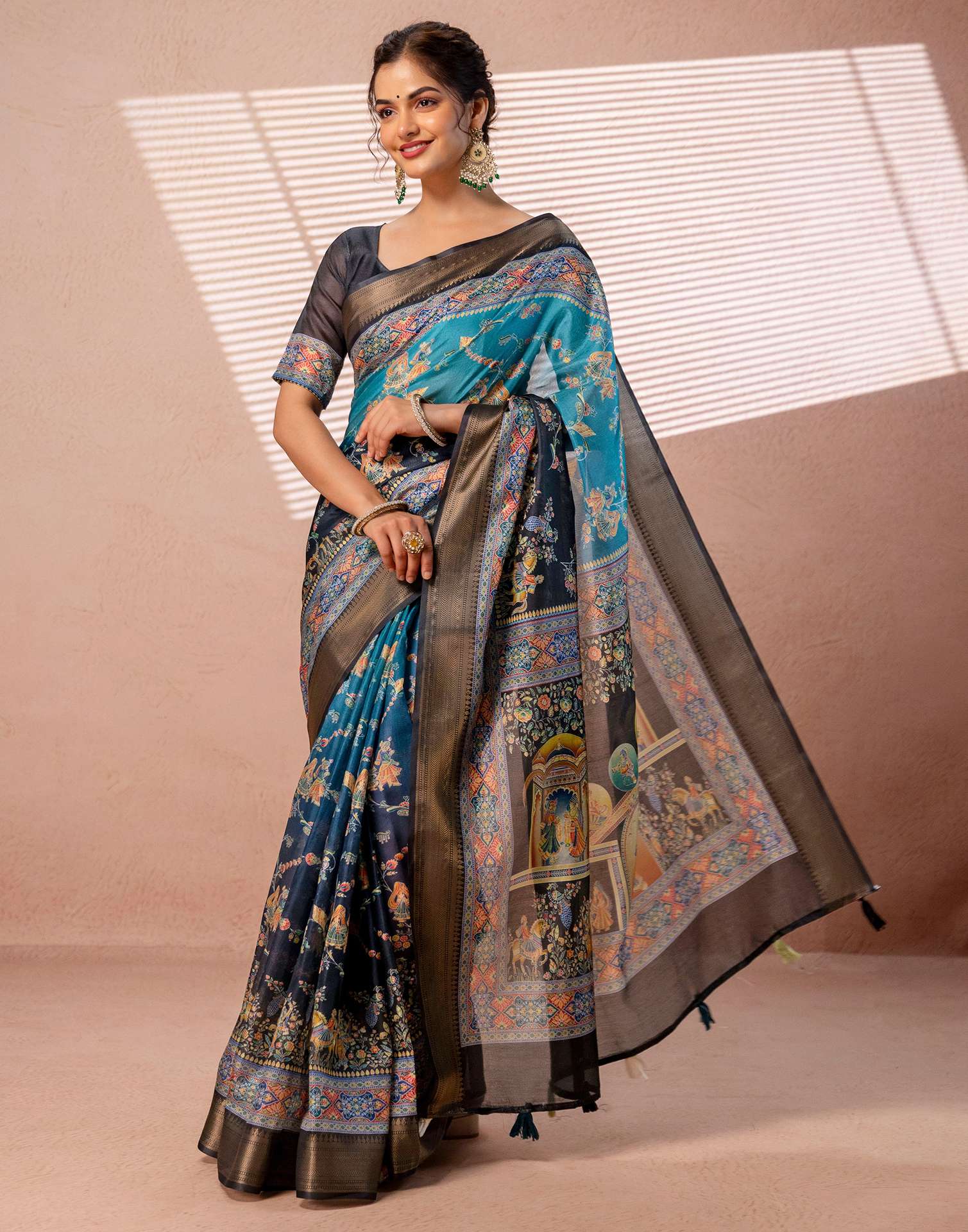 Teal Blue Silk Kalamkari Woven Border Saree - Image 5