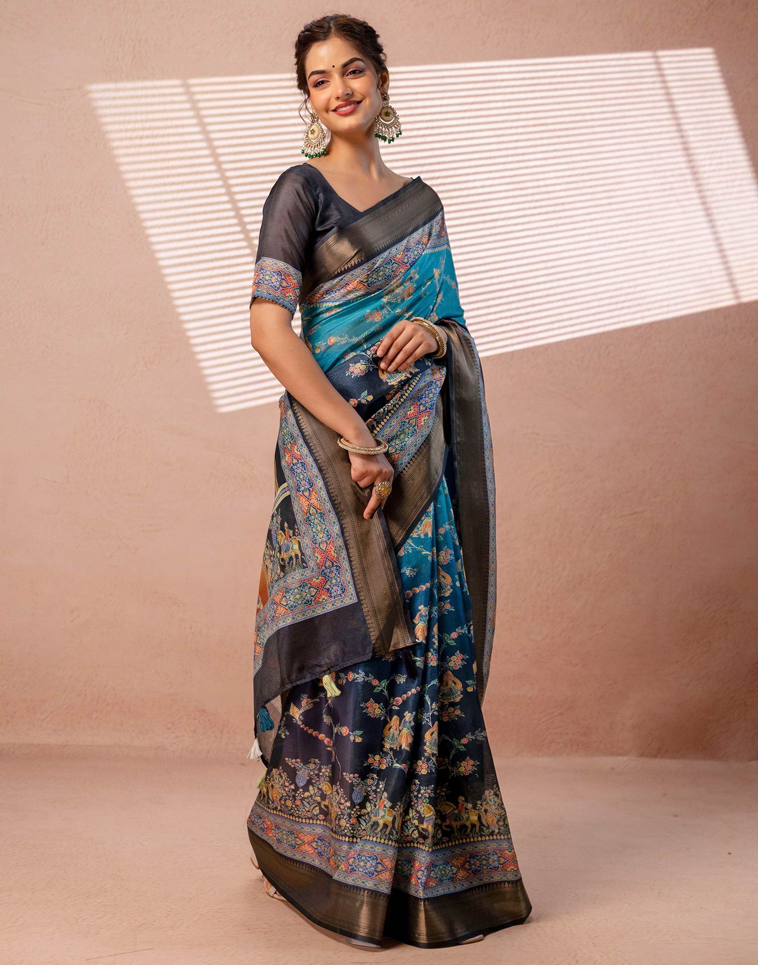 Teal Blue Silk Kalamkari Woven Border Saree - Image 6