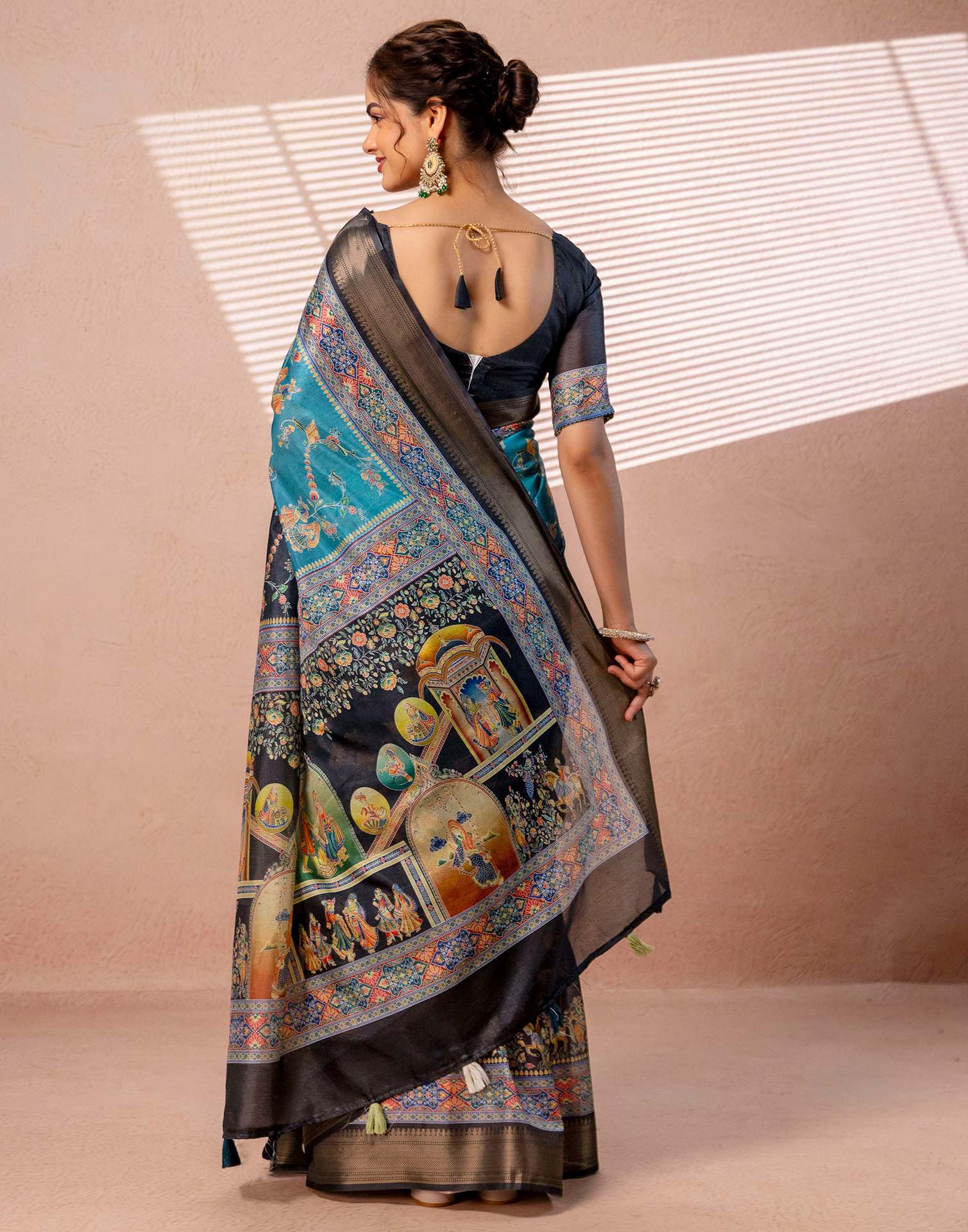 Teal Blue Silk Kalamkari Woven Border Saree - Image 7