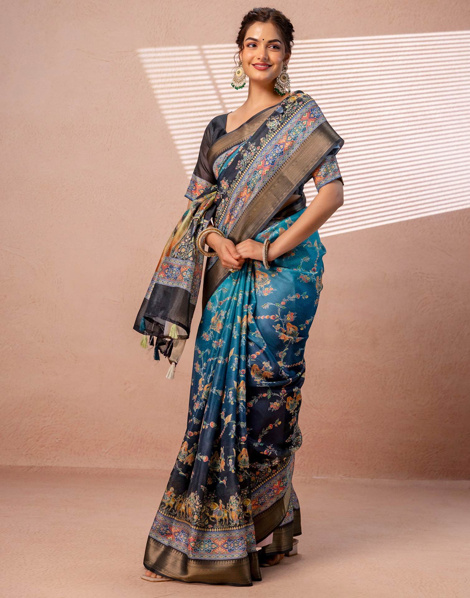 Teal Blue Silk Kalamkari Woven Border Saree - Image 8