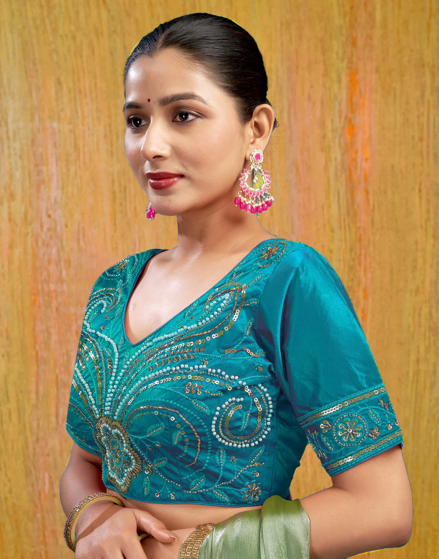 Teal Blue Silk Plain Embroidery Blouse - Image 4