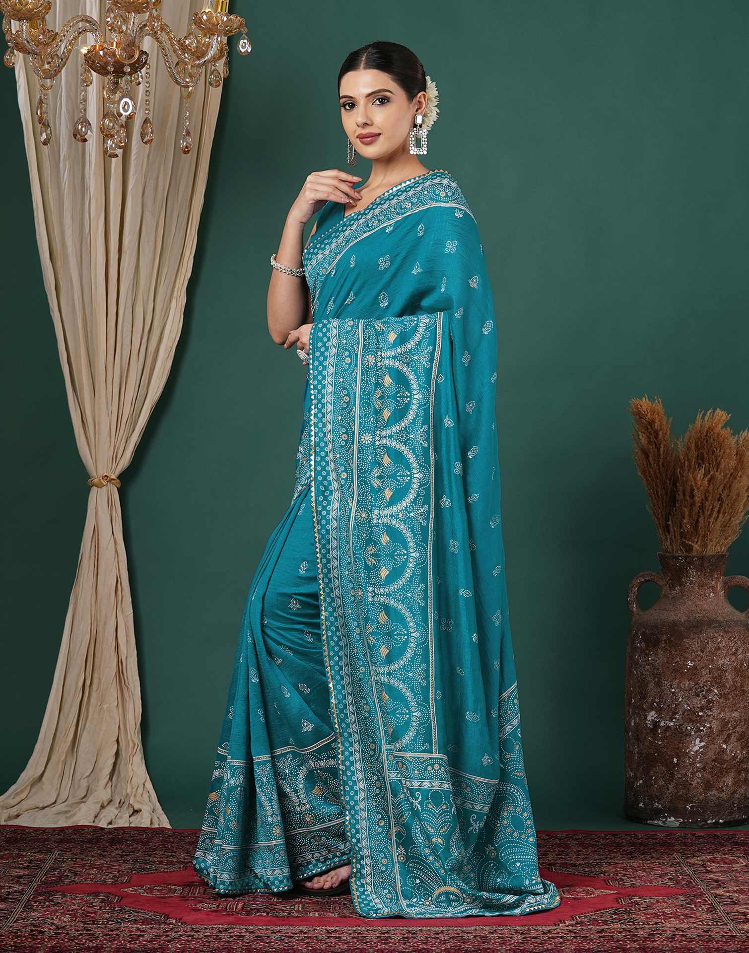 Teal Blue Silk Printed Saree - Image 4