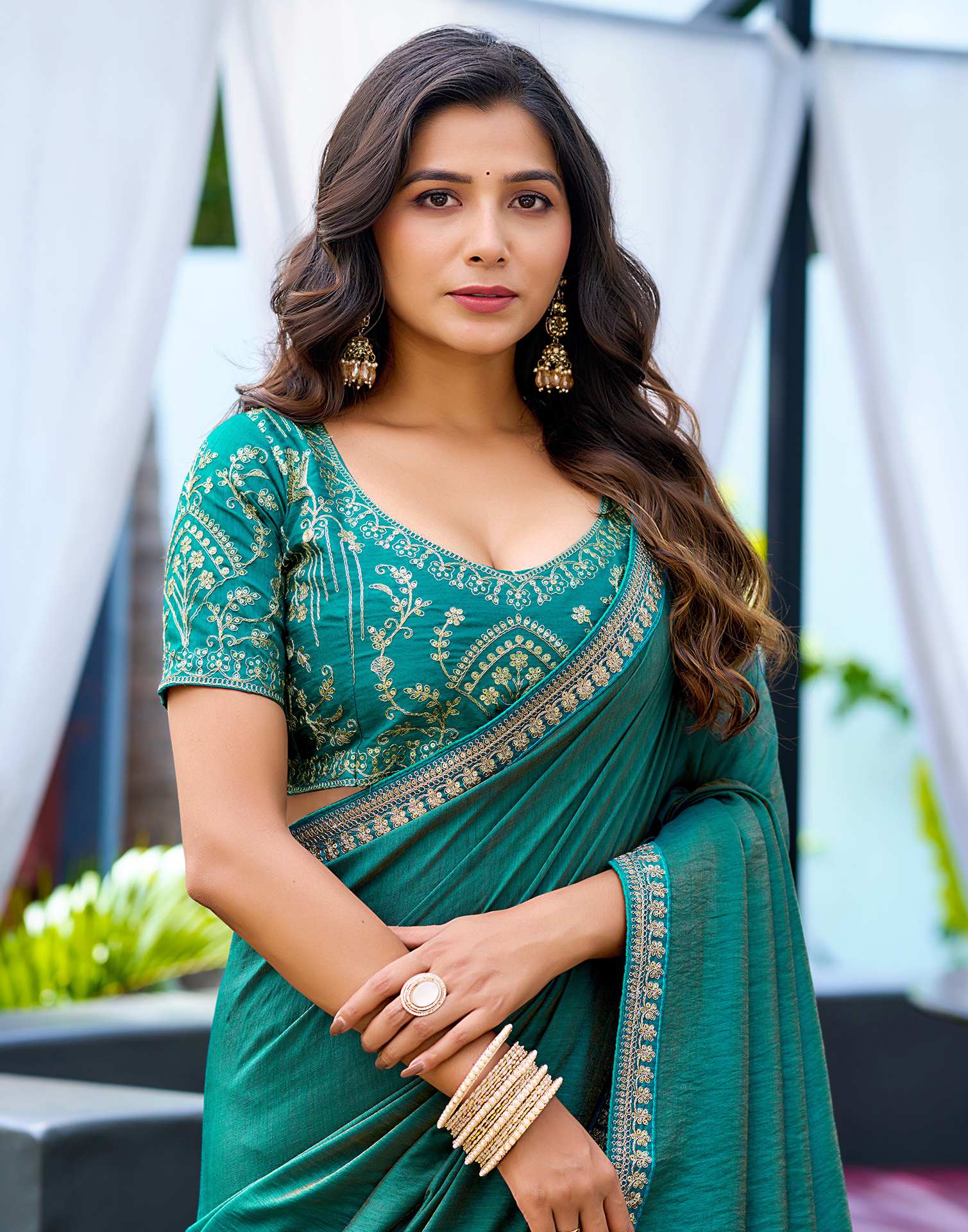 Teal Blue Silk Sequence Lace Saree - Image 2