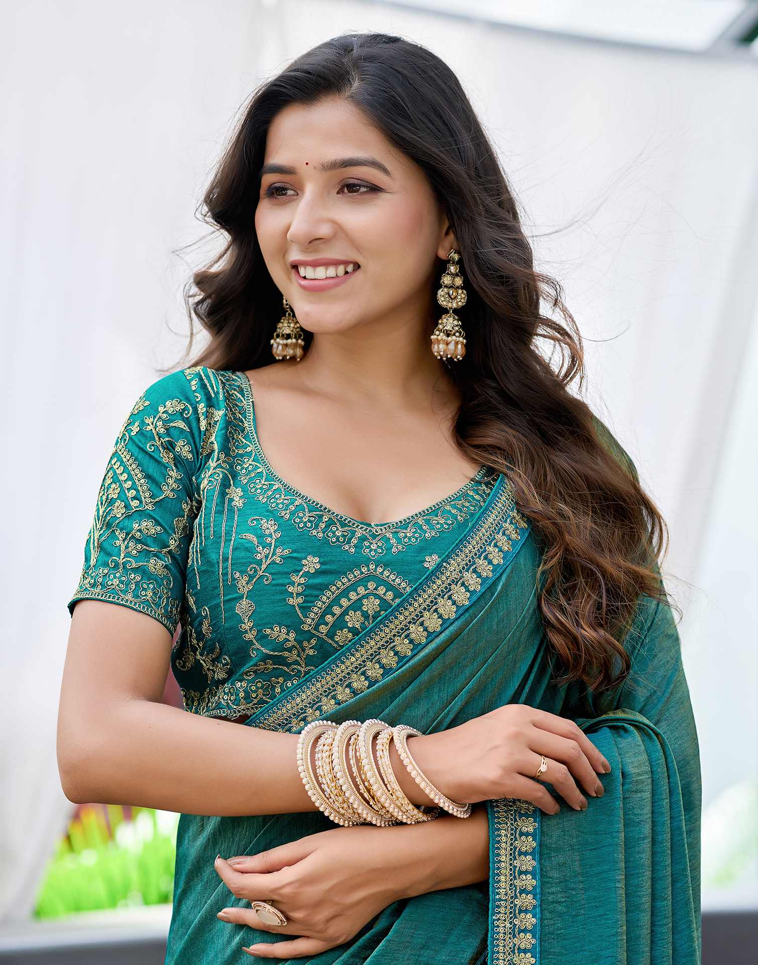 Teal Blue Silk Sequence Lace Saree - Image 4