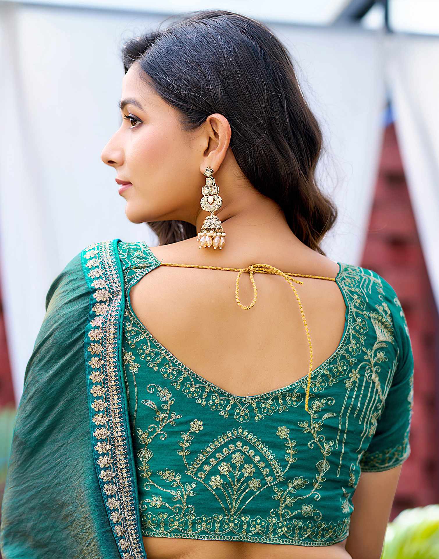 Teal Blue Silk Sequence Lace Saree - Image 5