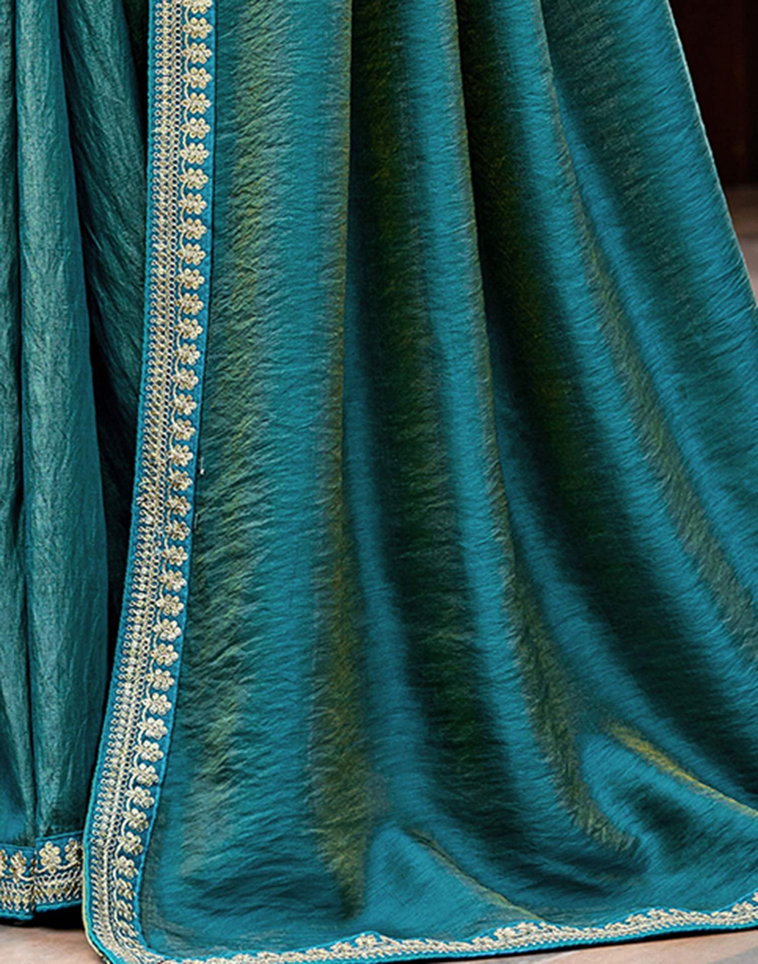 Teal Blue Silk Sequence Lace Saree - Image 6