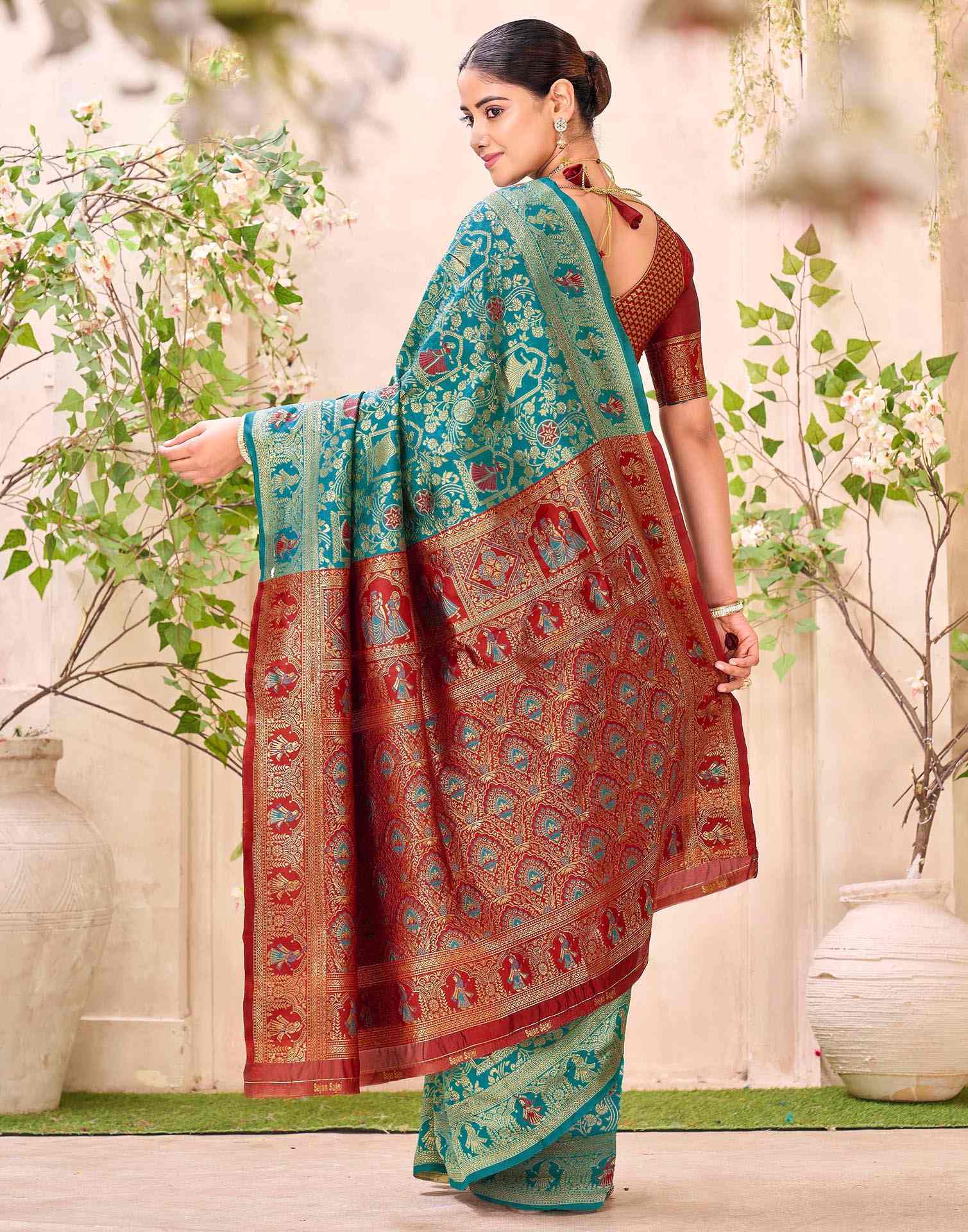Teal Blue Silk Woven Baluchari Saree - Image 6