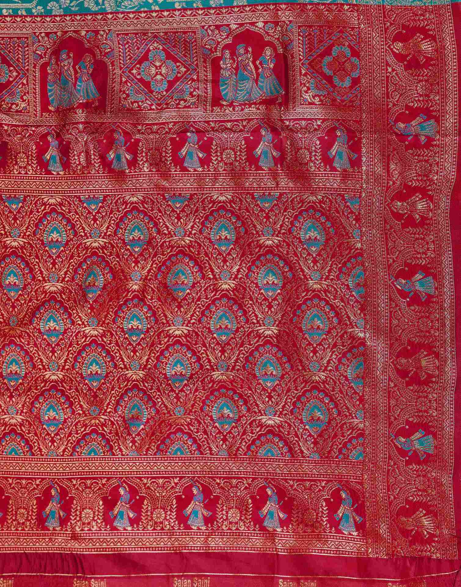 Teal Blue Silk Woven Baluchari Saree - Image 7