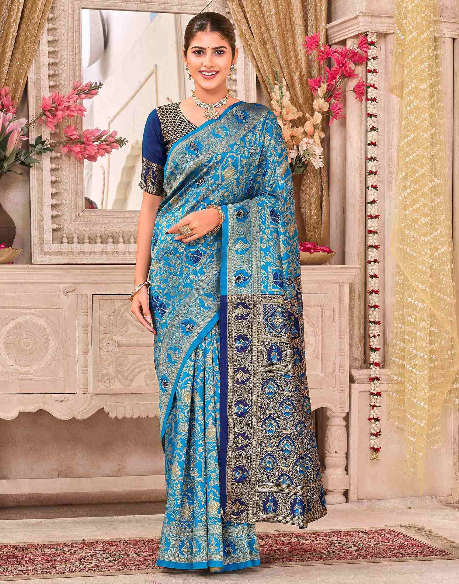 Teal Blue Silk Woven Baluchari Saree - Image 2