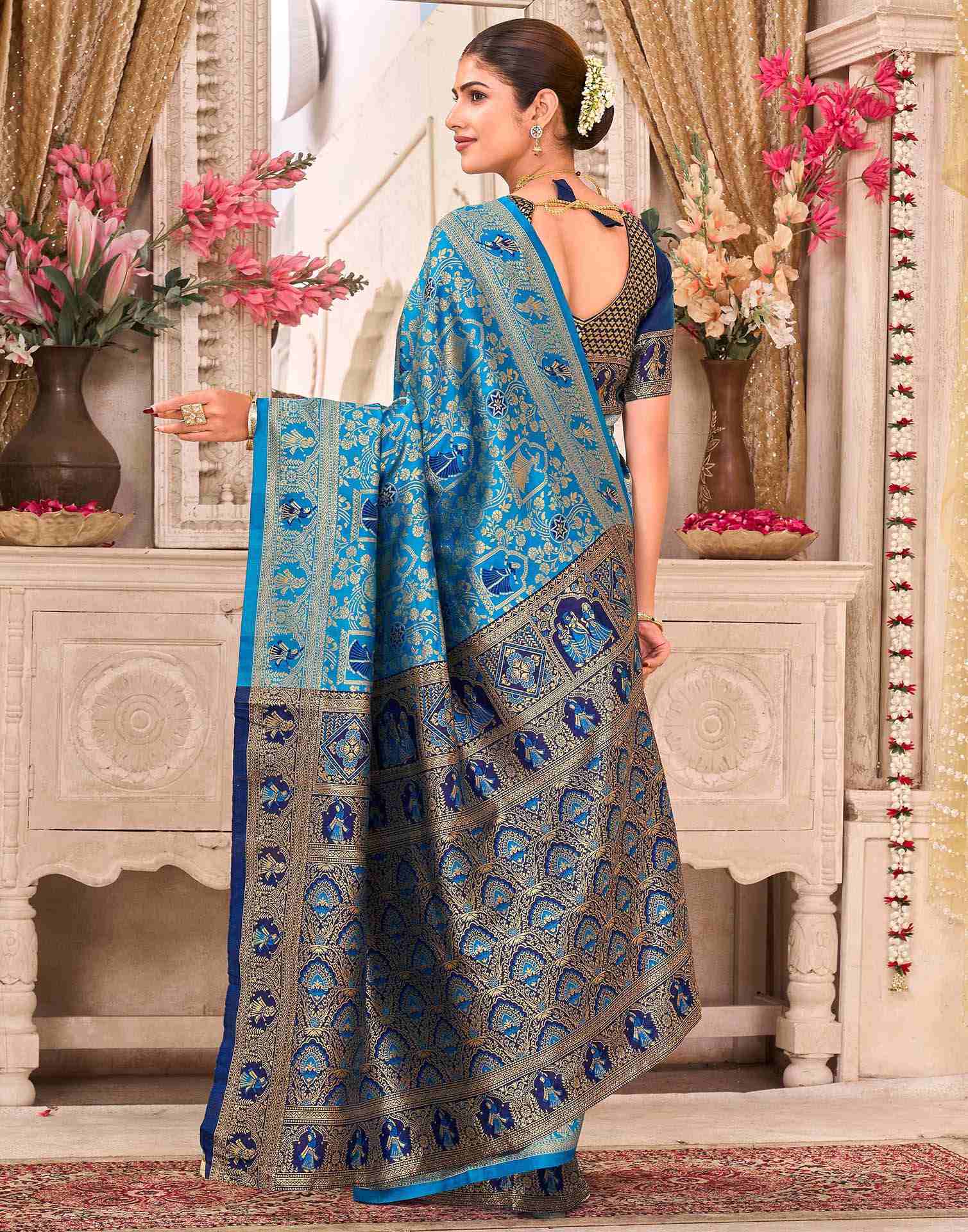 Teal Blue Silk Woven Baluchari Saree - Image 3