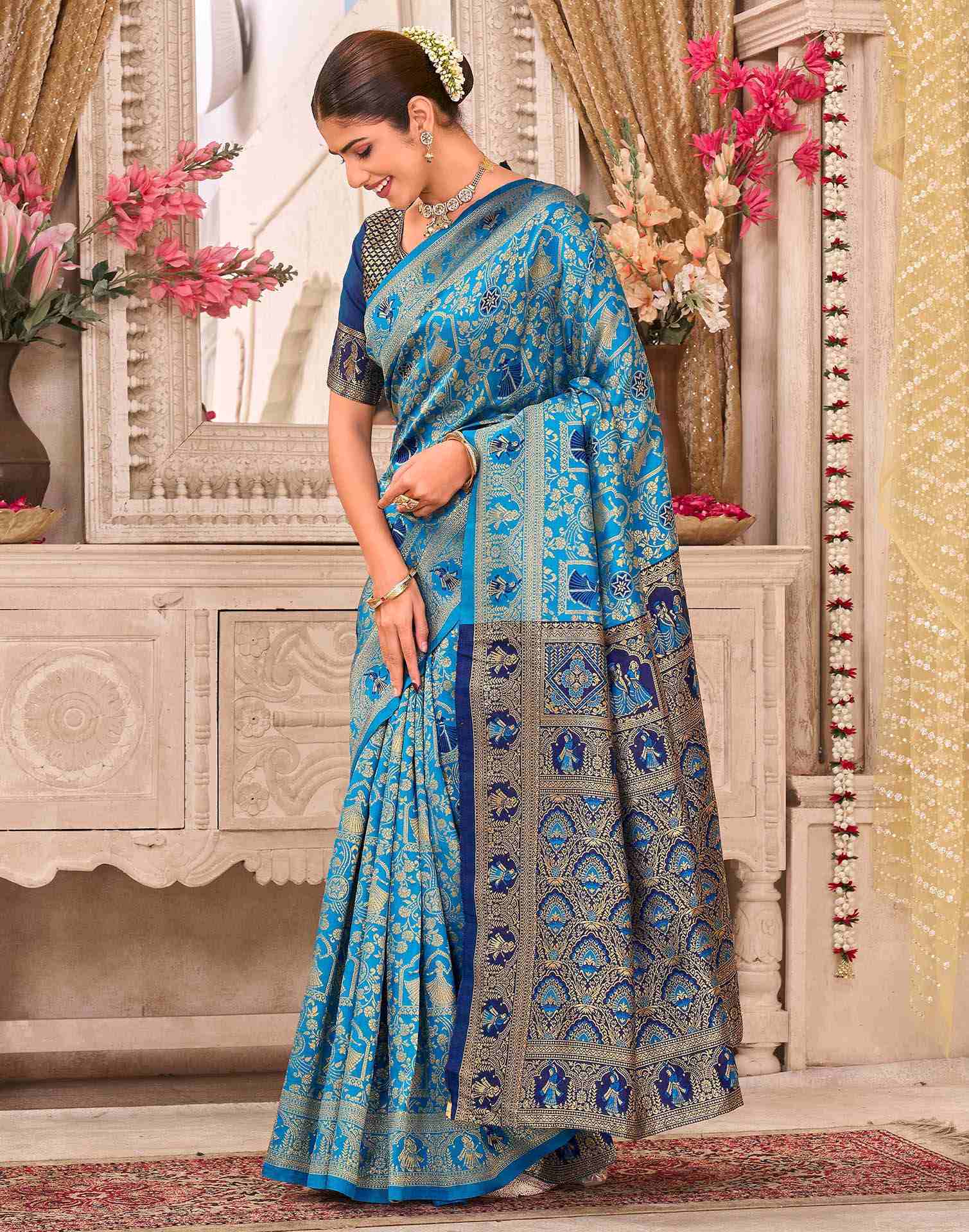 Teal Blue Silk Woven Baluchari Saree - Image 5