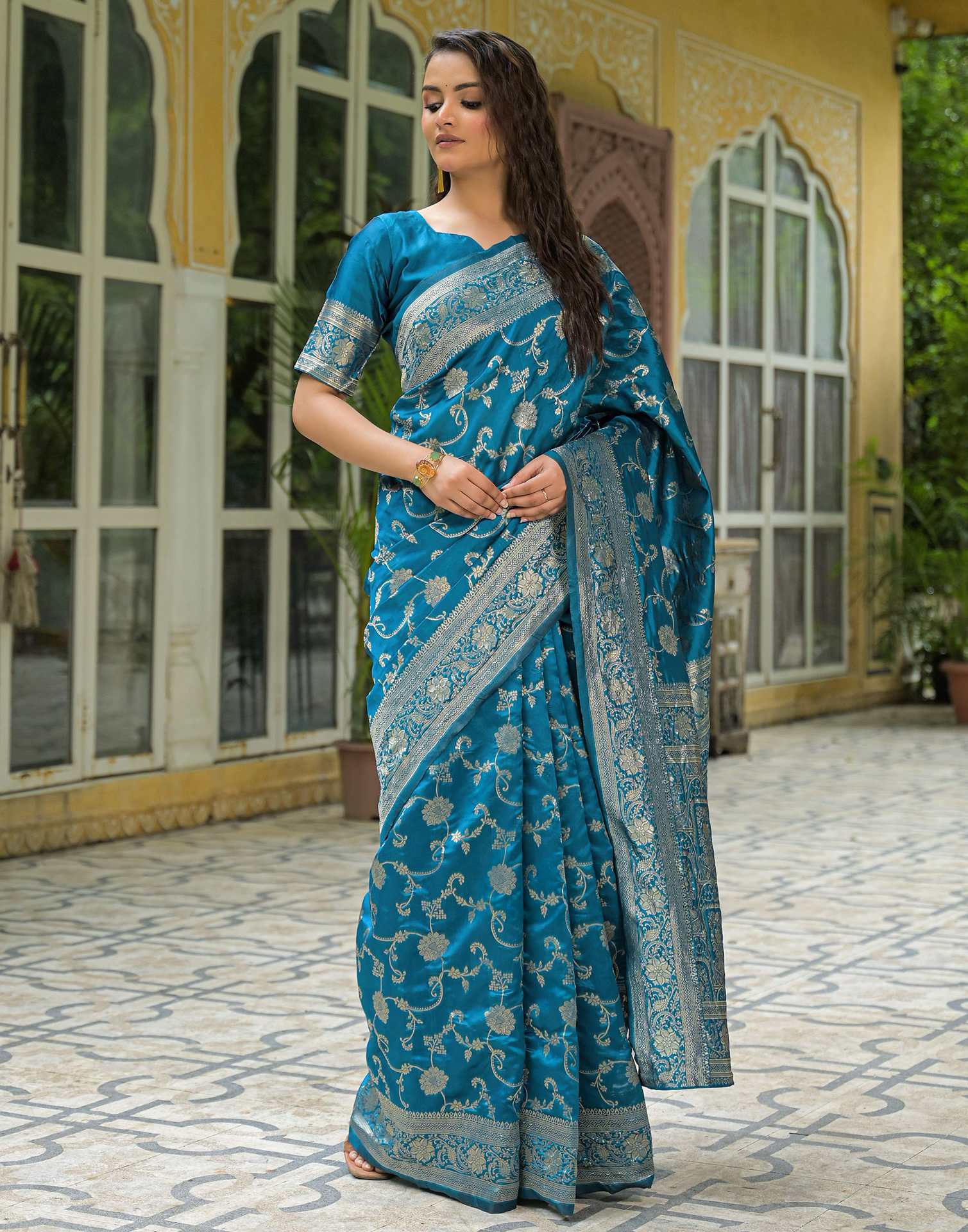 Teal Blue Silk Woven Banarasi Saree - Image 5