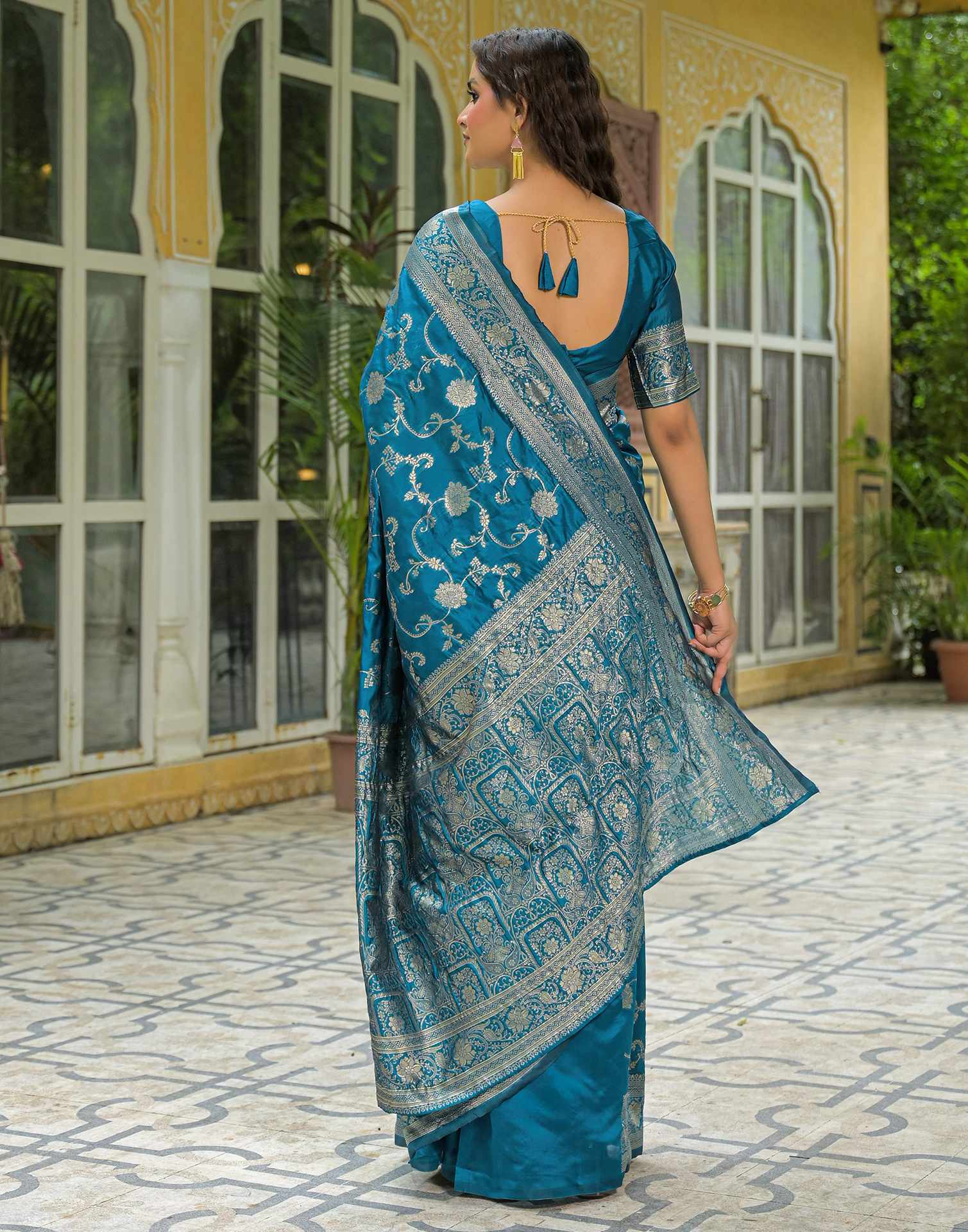 Teal Blue Silk Woven Banarasi Saree - Image 7