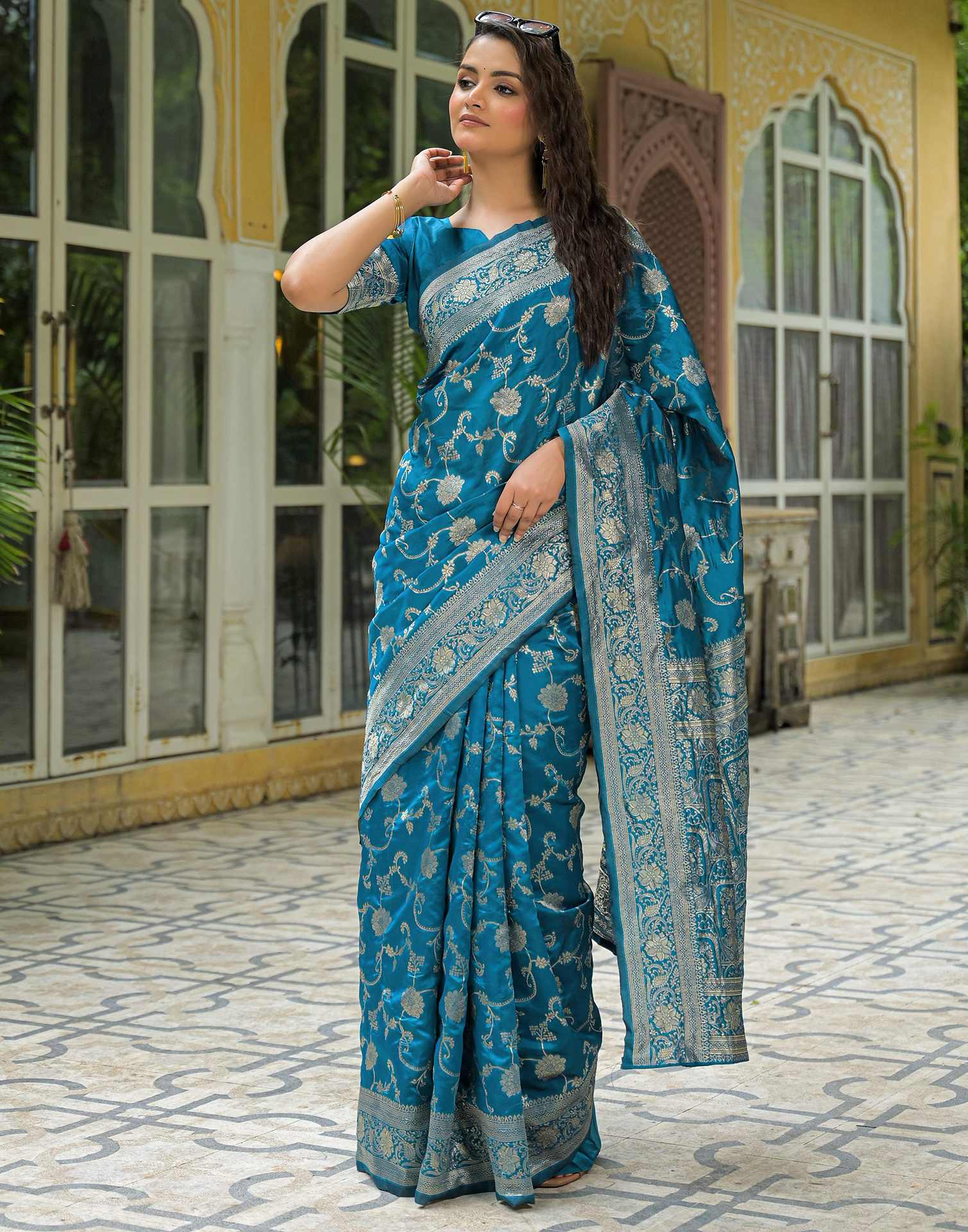 Teal Blue Silk Woven Banarasi Saree - Image 8