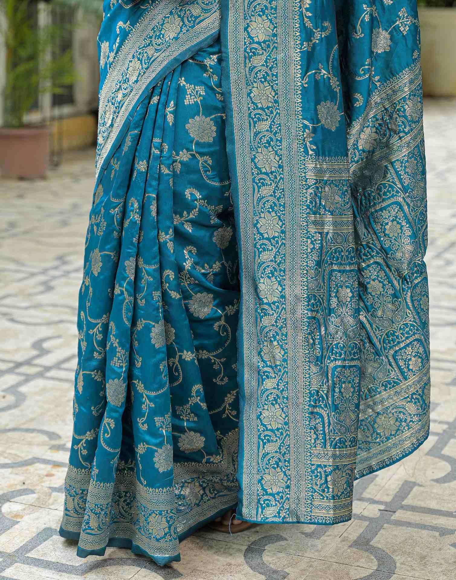 Teal Blue Silk Woven Banarasi Saree - Image 9