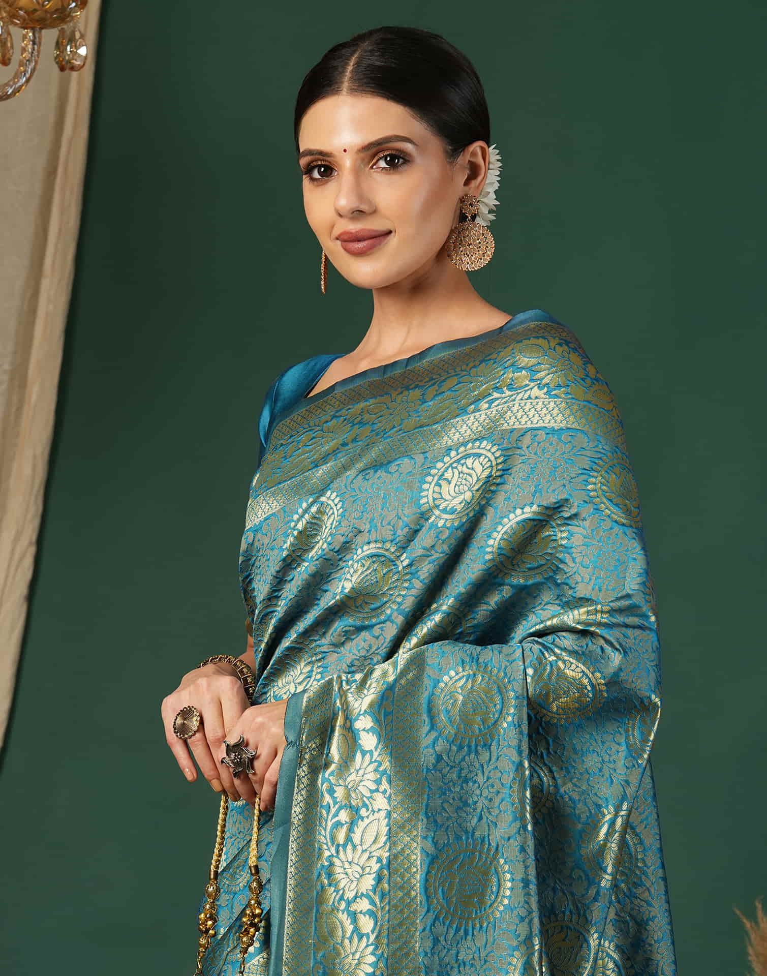 Teal Blue Silk Woven Banarasi Saree - Image 2