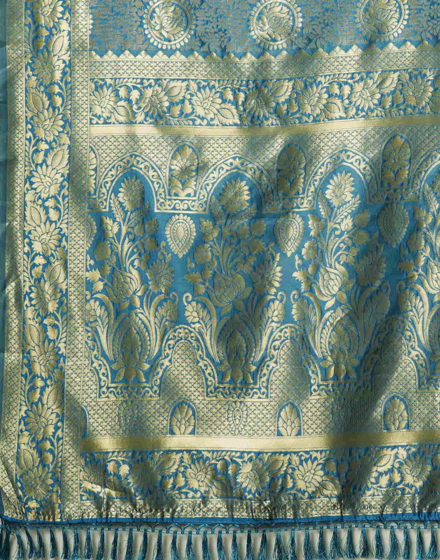 Teal Blue Silk Woven Banarasi Saree - Image 8