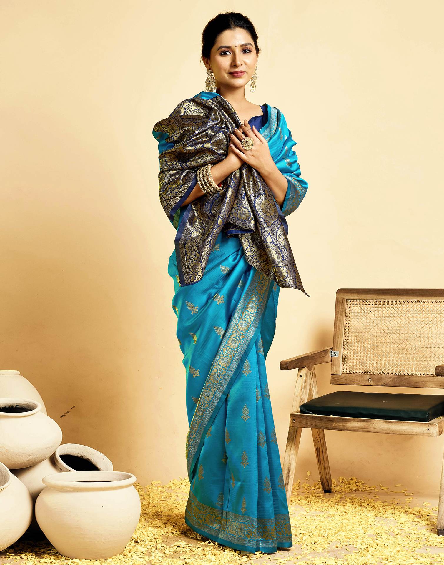 Teal Blue Silk Woven Banarasi Saree - Image 6