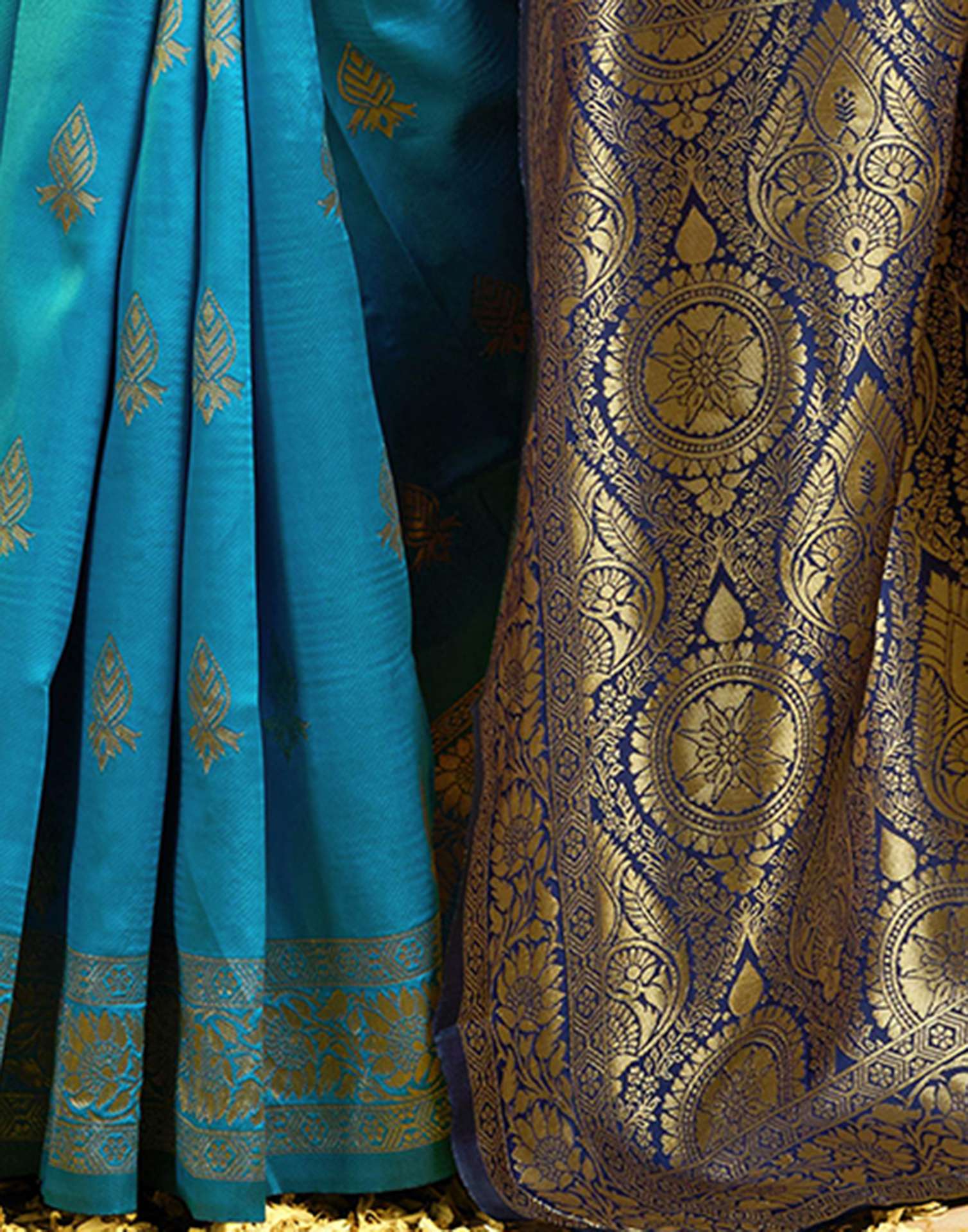 Teal Blue Silk Woven Banarasi Saree - Image 9