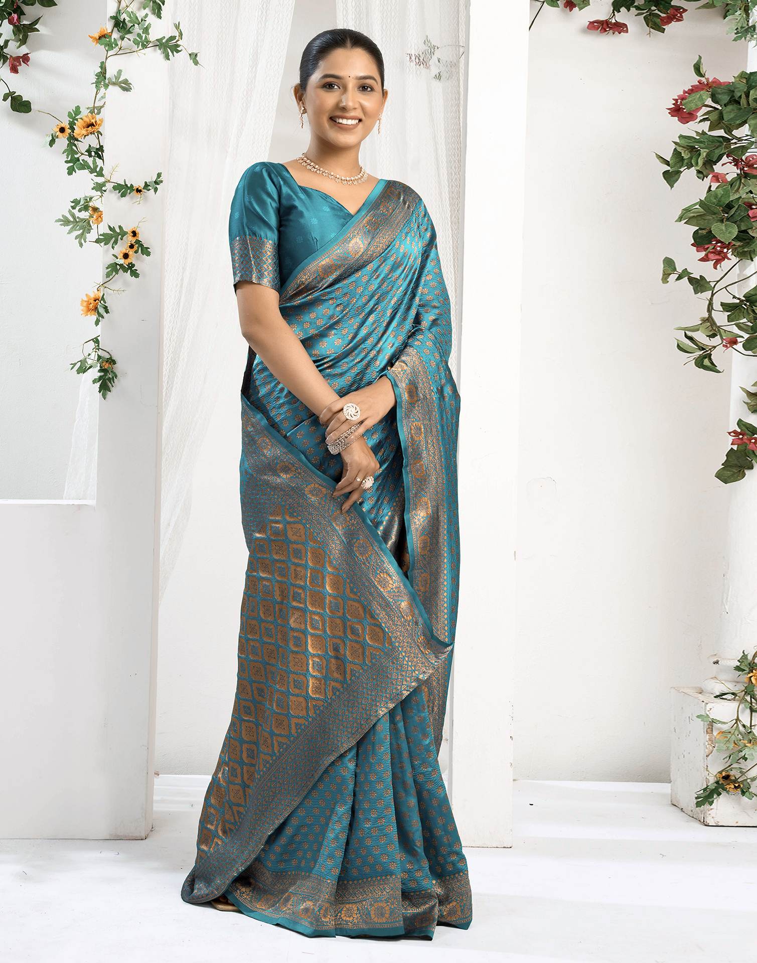 Teal Blue Silk Woven Banarasi Saree - Image 5