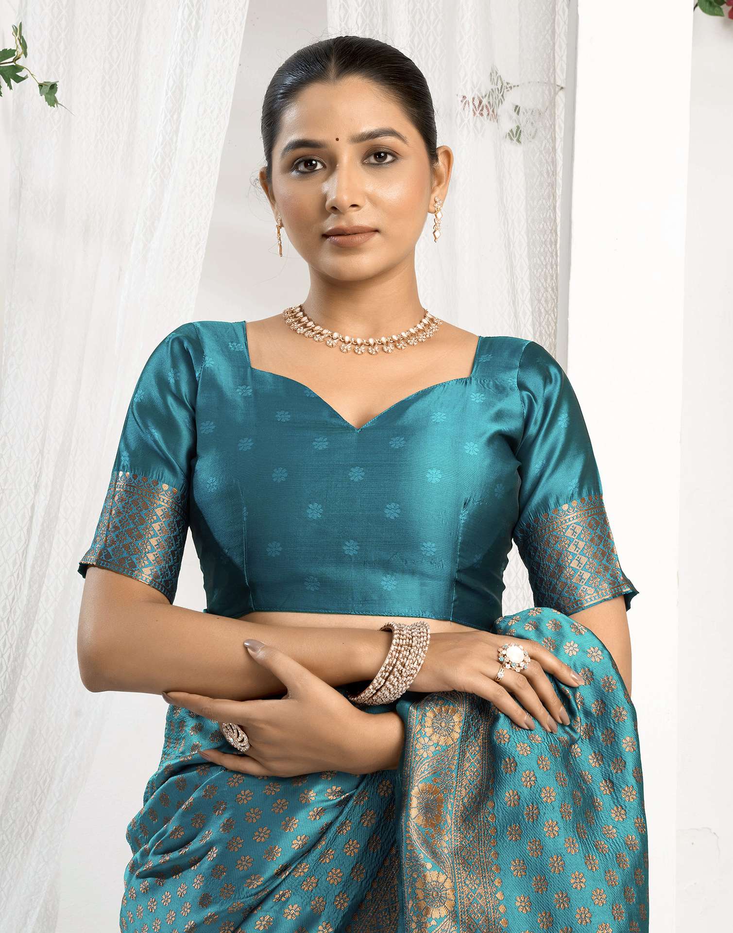 Teal Blue Silk Woven Banarasi Saree - Image 8
