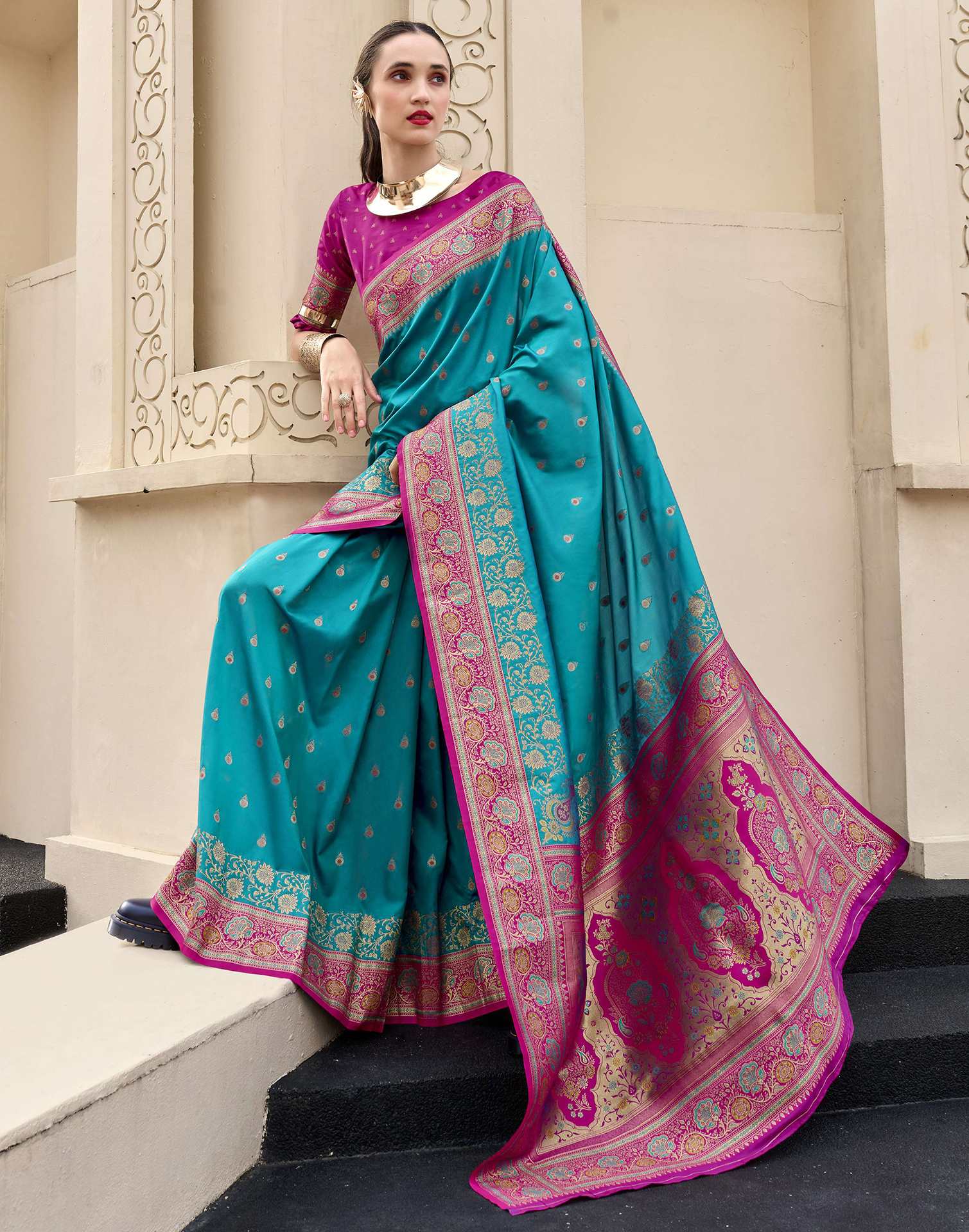 Teal Blue Silk Woven Banarasi Saree - Image 4