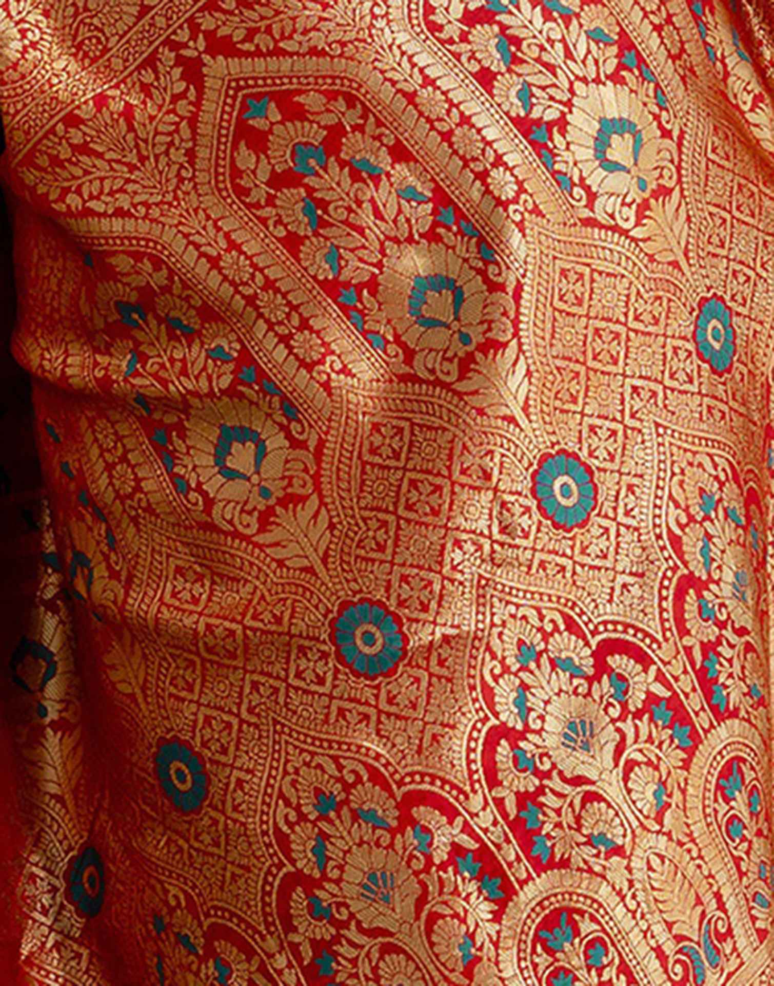 Teal Blue Silk Woven Banarasi Saree - Image 11