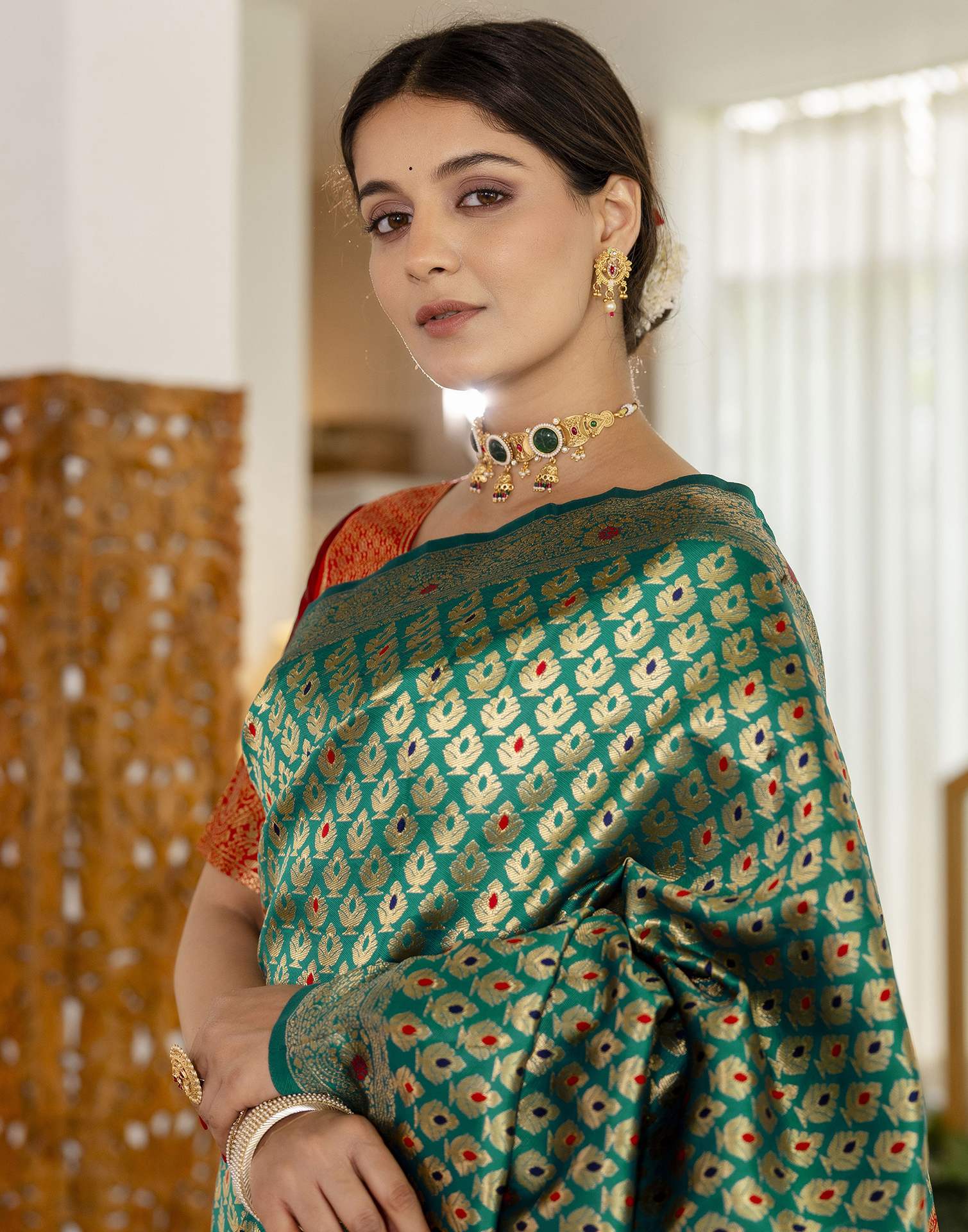 Teal Blue Silk Woven Banarasi Saree - Image 2