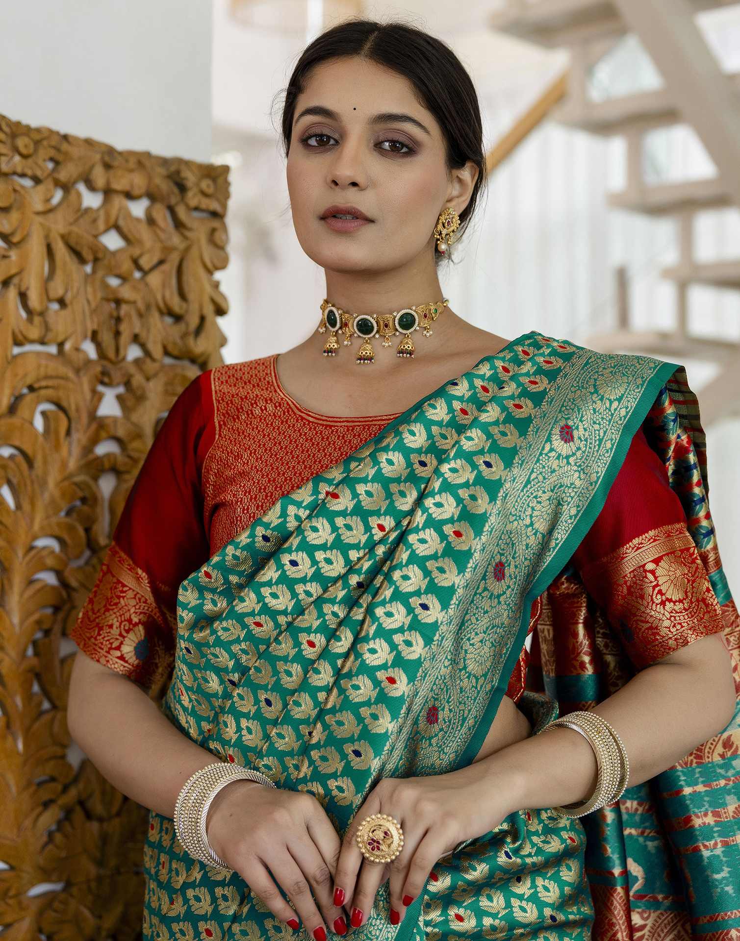 Teal Blue Silk Woven Banarasi Saree - Image 4