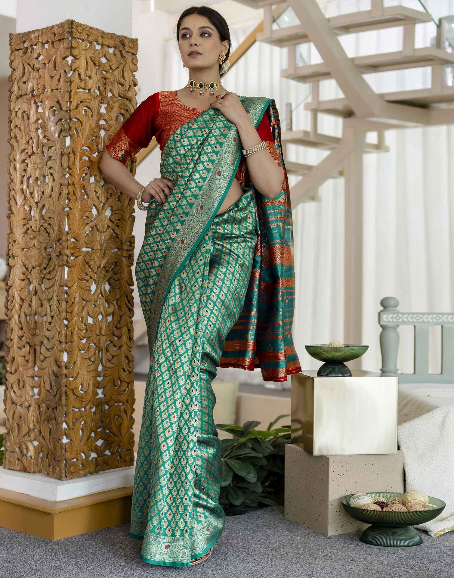 Teal Blue Silk Woven Banarasi Saree - Image 6