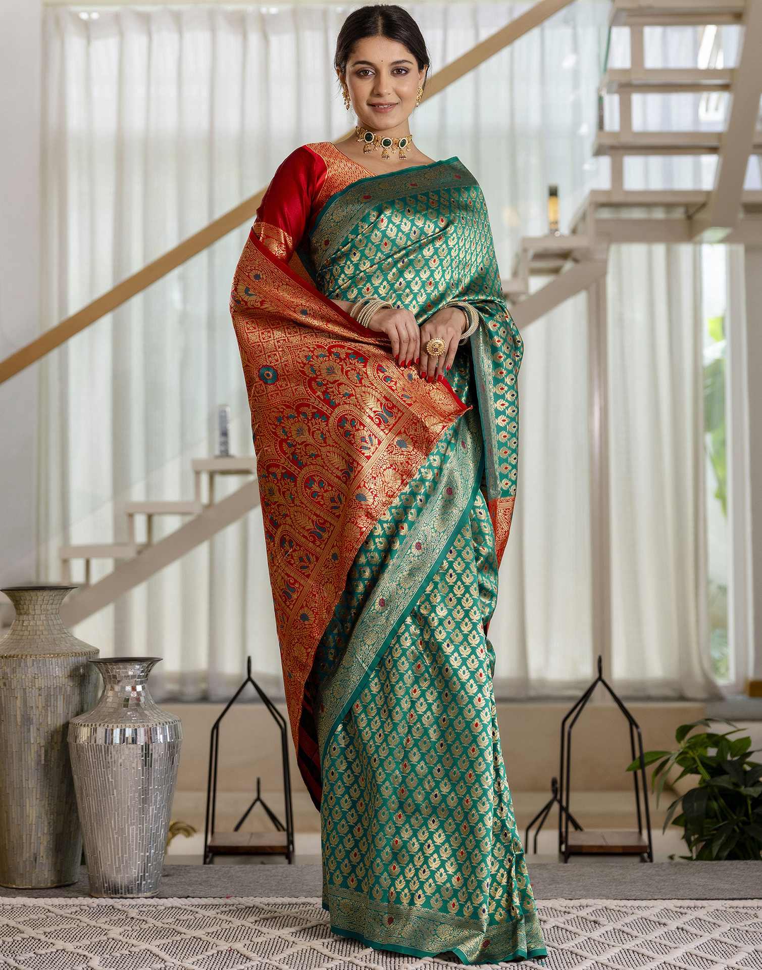 Teal Blue Silk Woven Banarasi Saree - Image 7