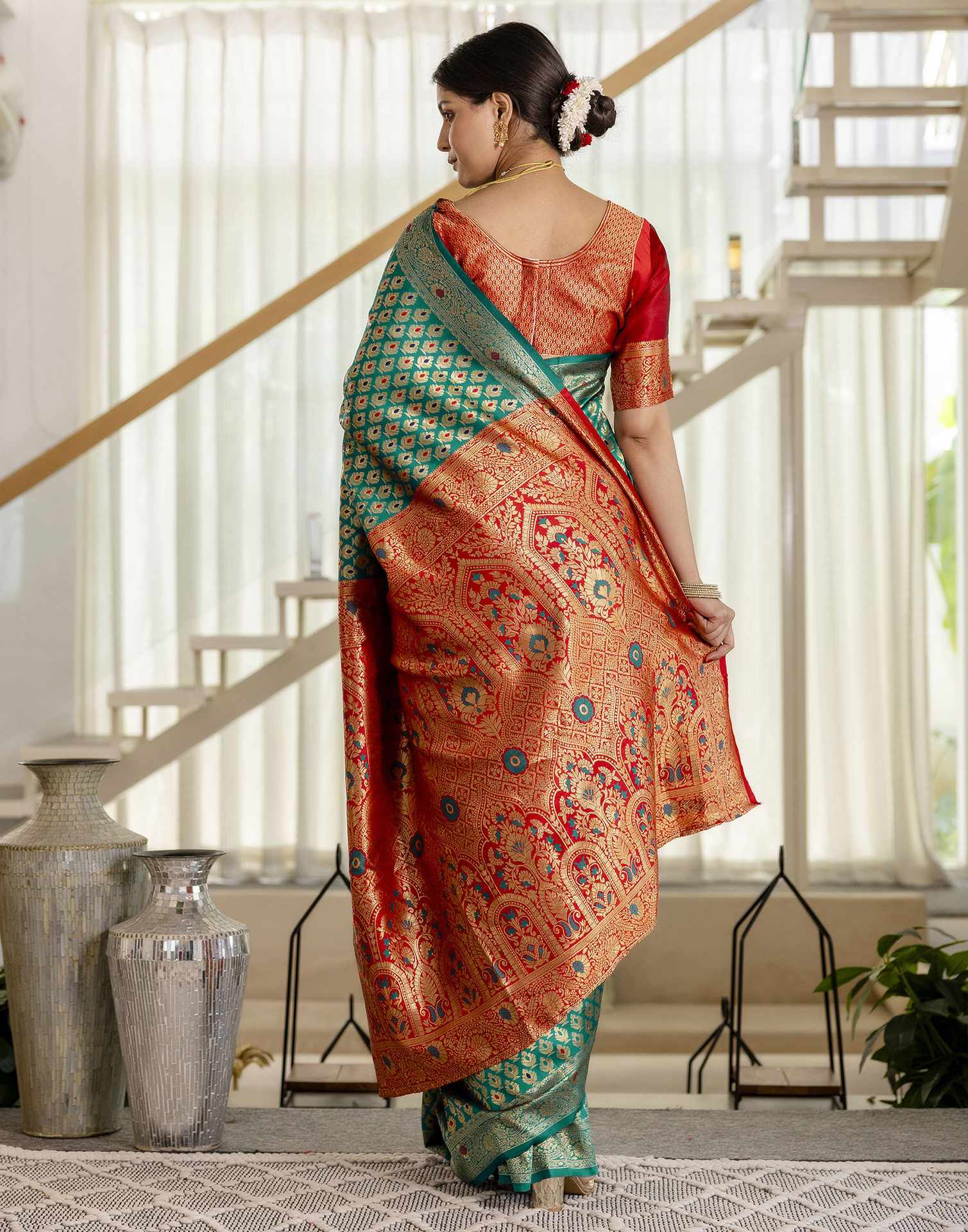 Teal Blue Silk Woven Banarasi Saree - Image 8