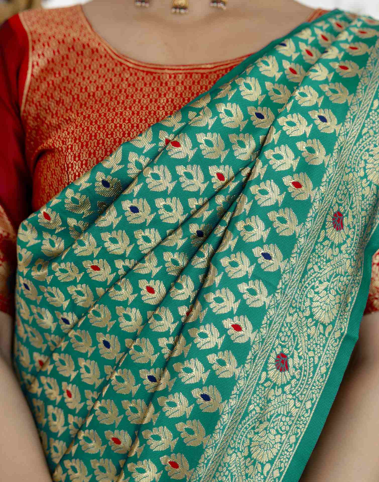 Teal Blue Silk Woven Banarasi Saree - Image 9